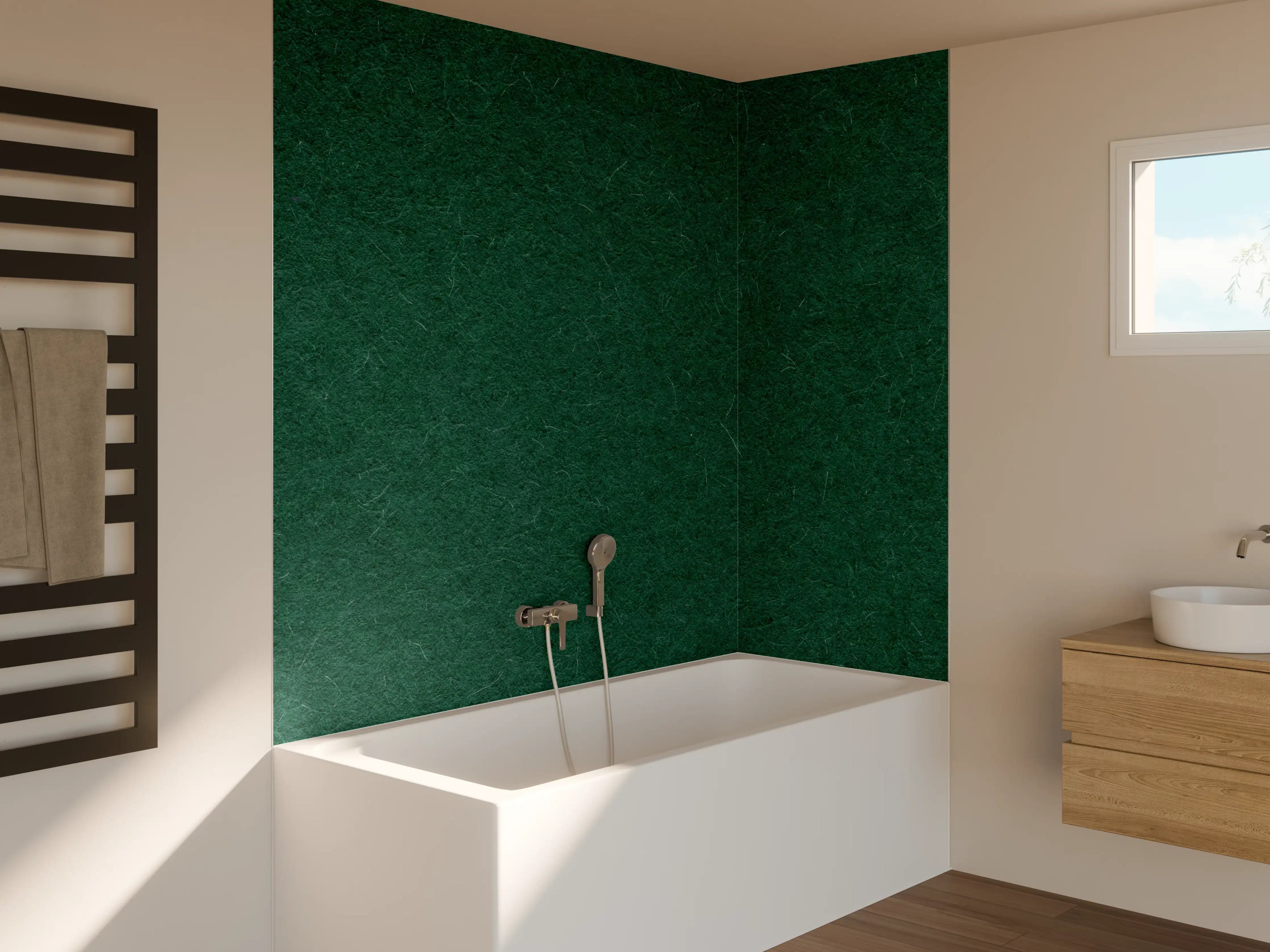 Badewannen-Rückwand - Grauwe Filztextur mit grünen Akzenten