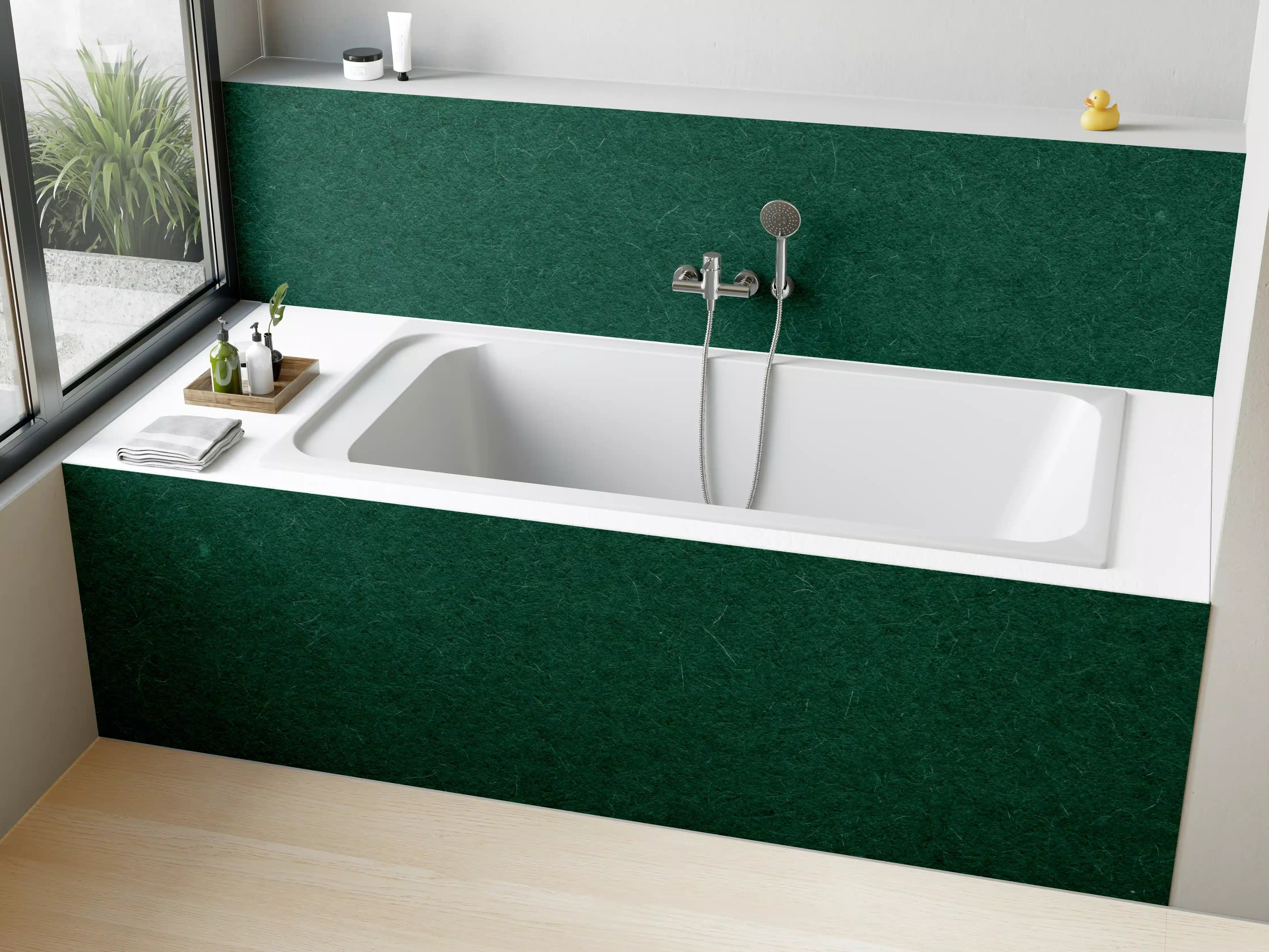 Badewannen-Rückwand - Grauwe Filztextur mit grünen Akzenten