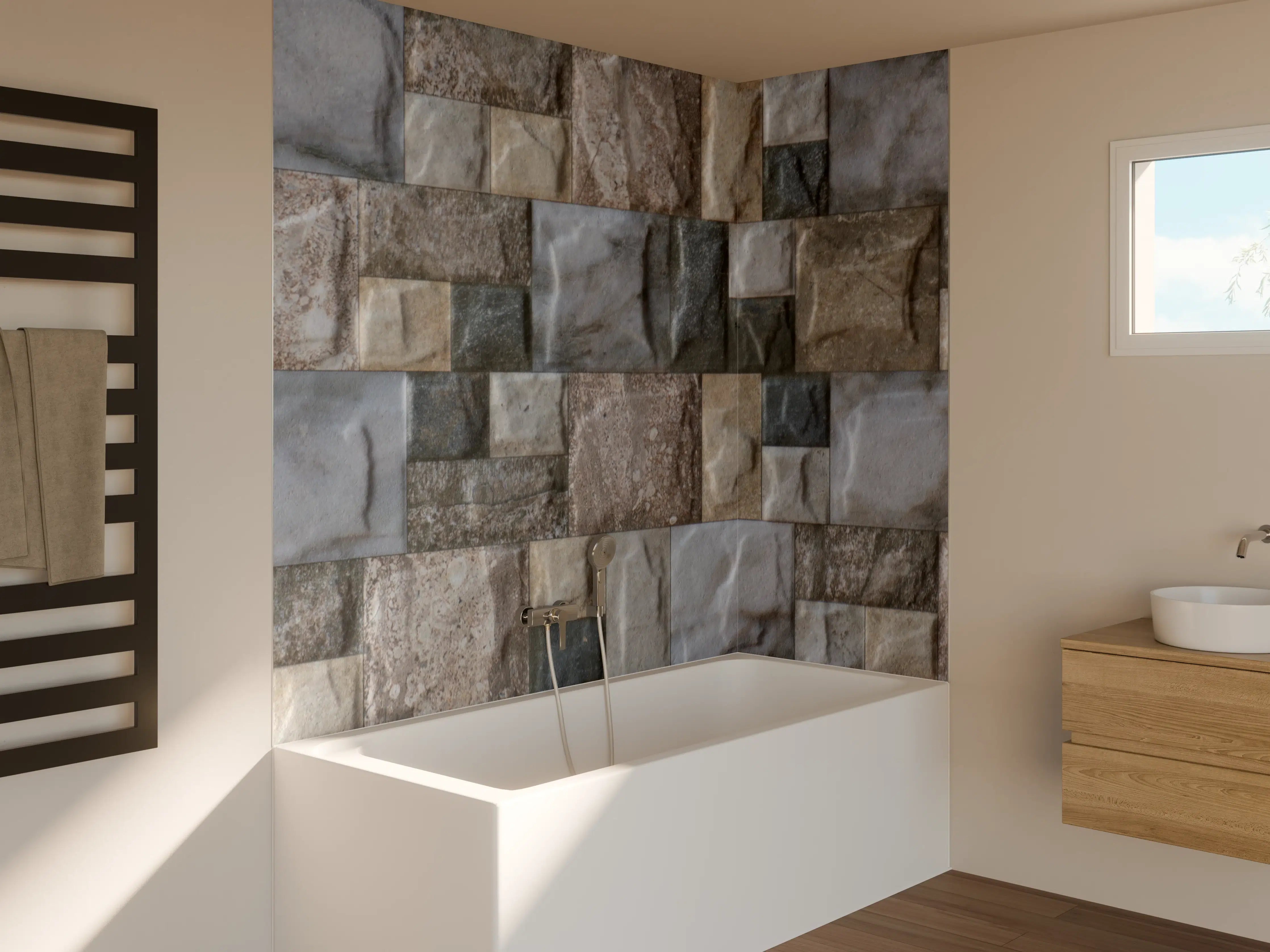 Badewannen-Rückwand - Grauweiße Steinwand mit Struktur