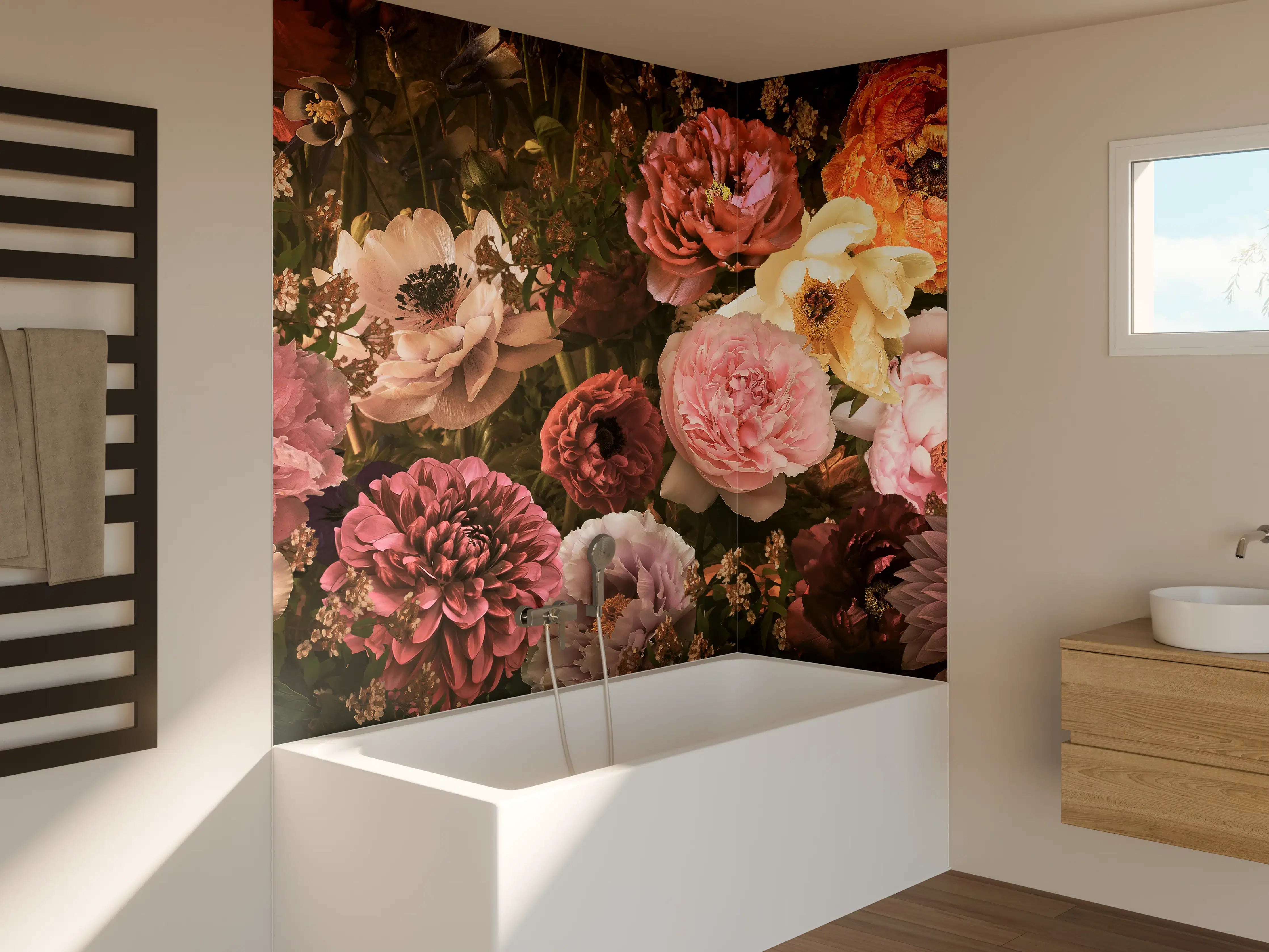 Badewannen-Rückwand - Große Blumen im Vintage-Stil