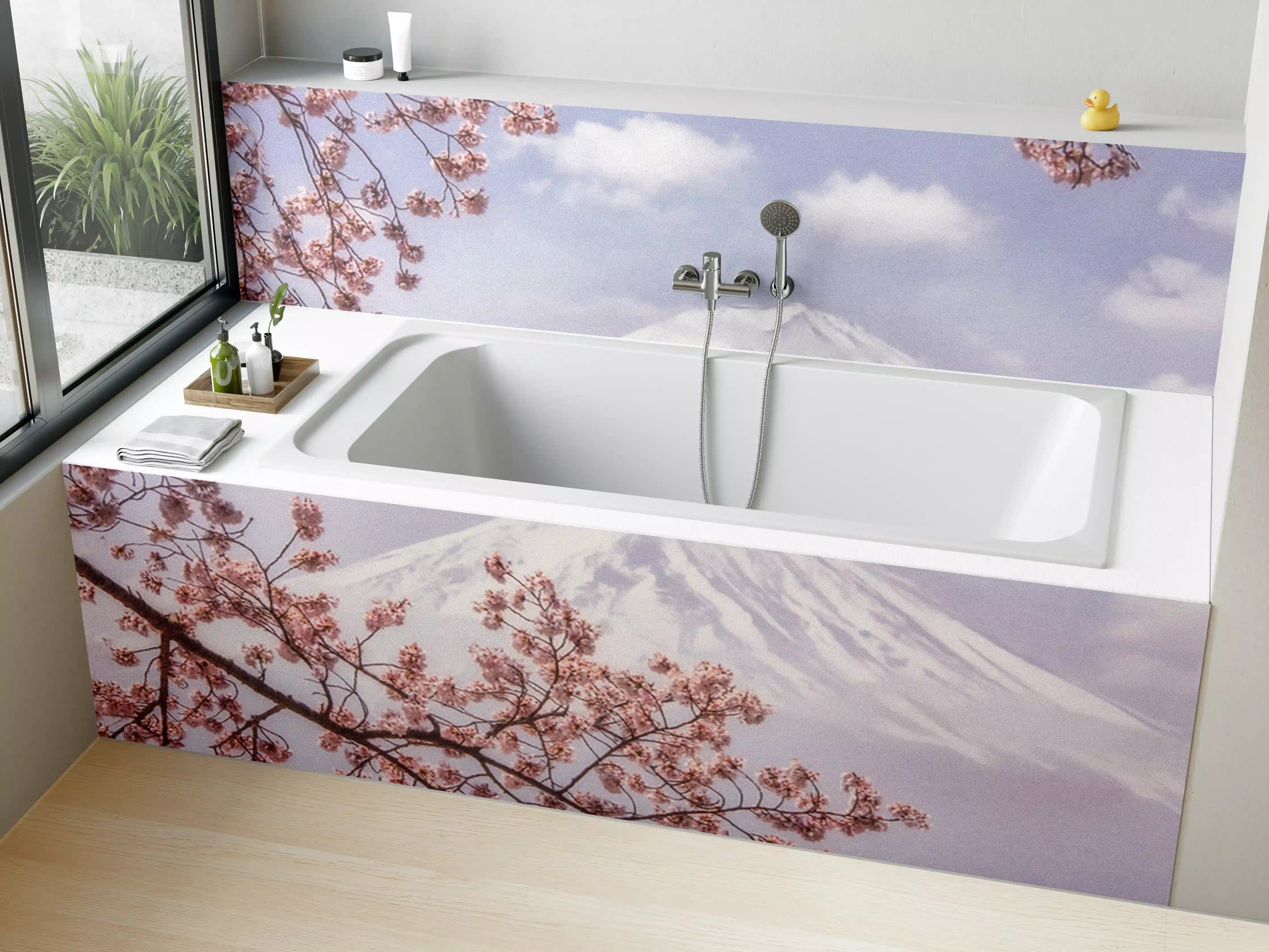 Badewannen-Rückwand - Großer Berg hinter Kirchblüten - Japan