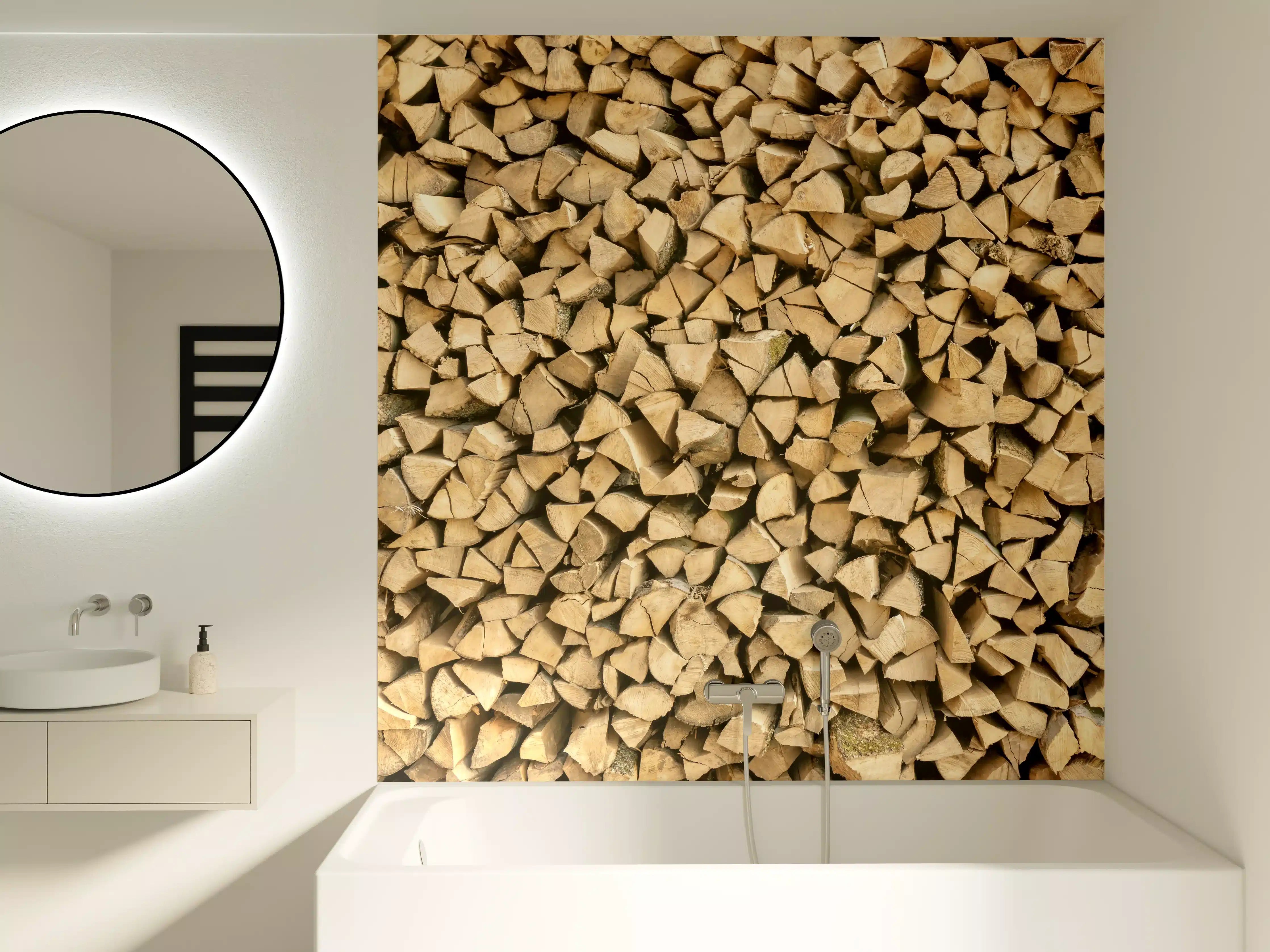 Badewannen-Rückwand - Großer Haufen Holzscheite