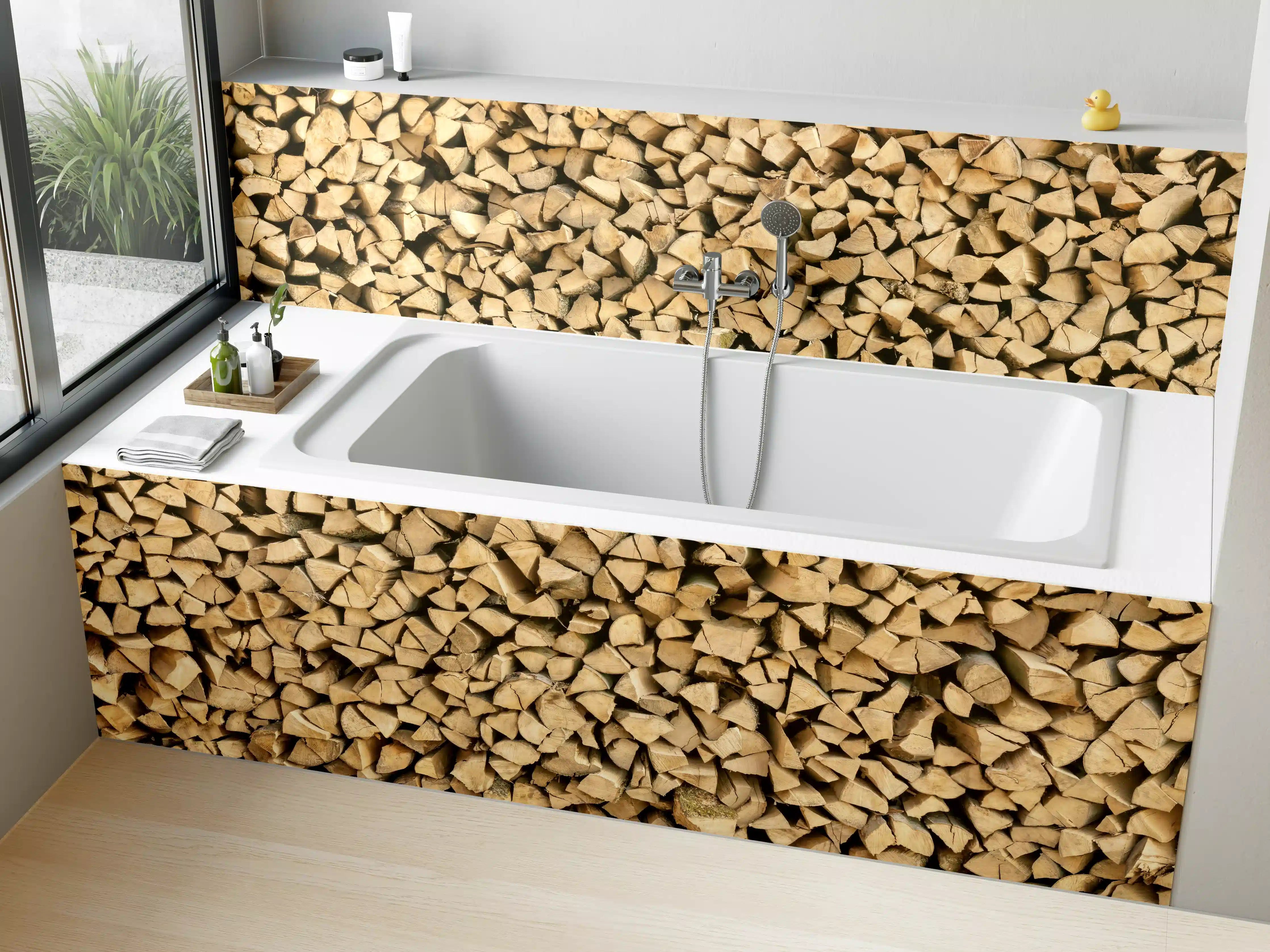 Badewannen-Rückwand - Großer Haufen Holzscheite