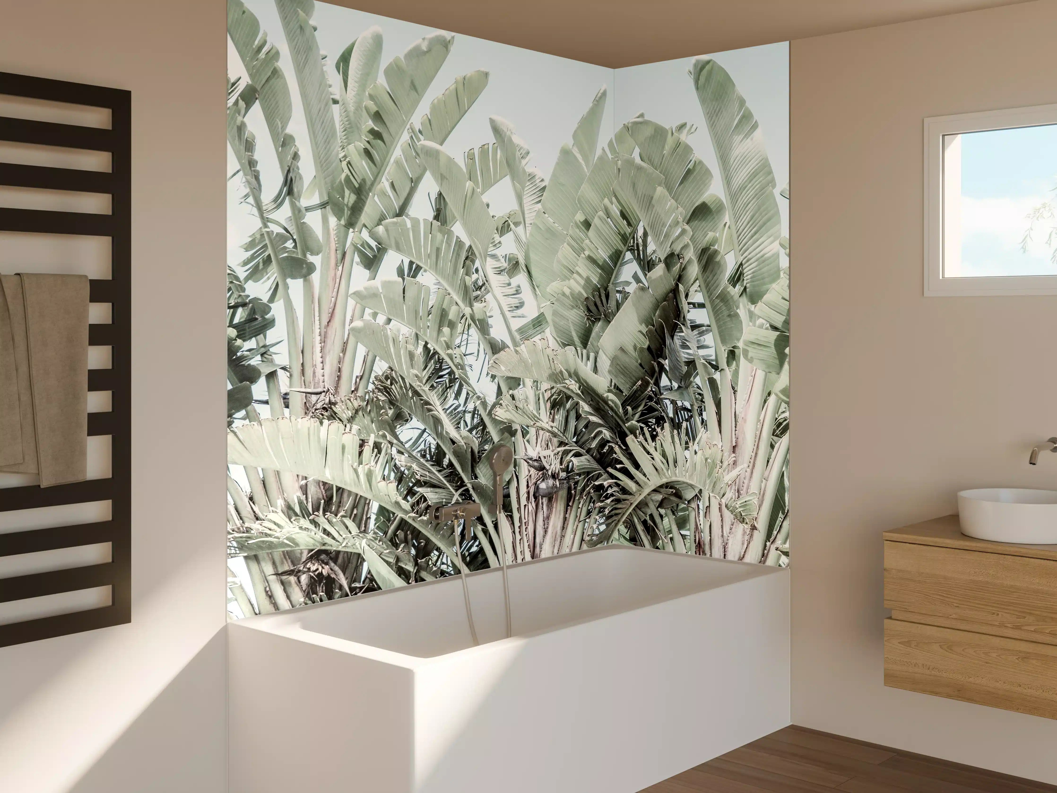 Badewannen-Rückwand - Grün-Weiße Palmenblätter