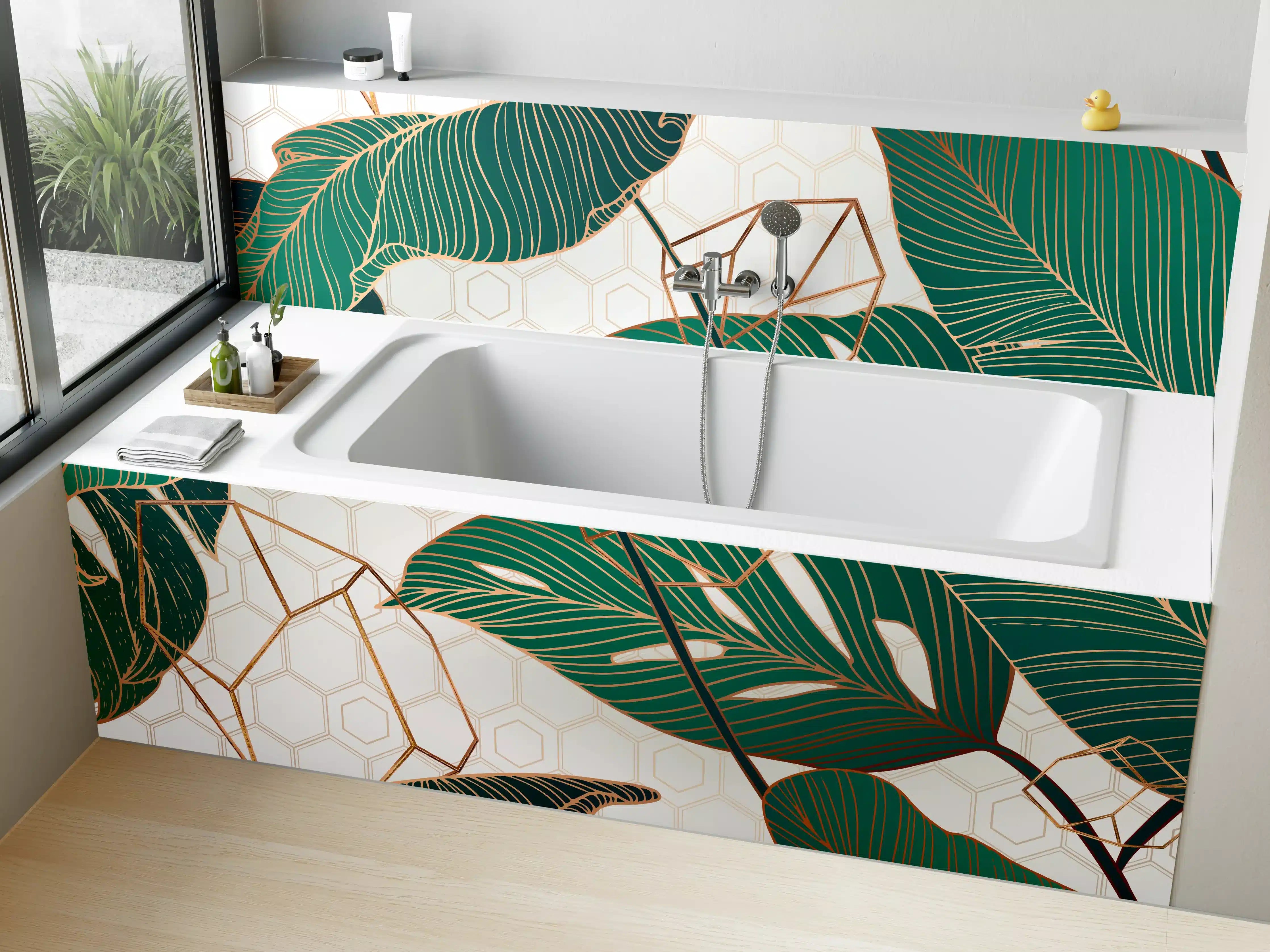 Badewannen-Rückwand - Grün-Weißes Blattmuster Design
