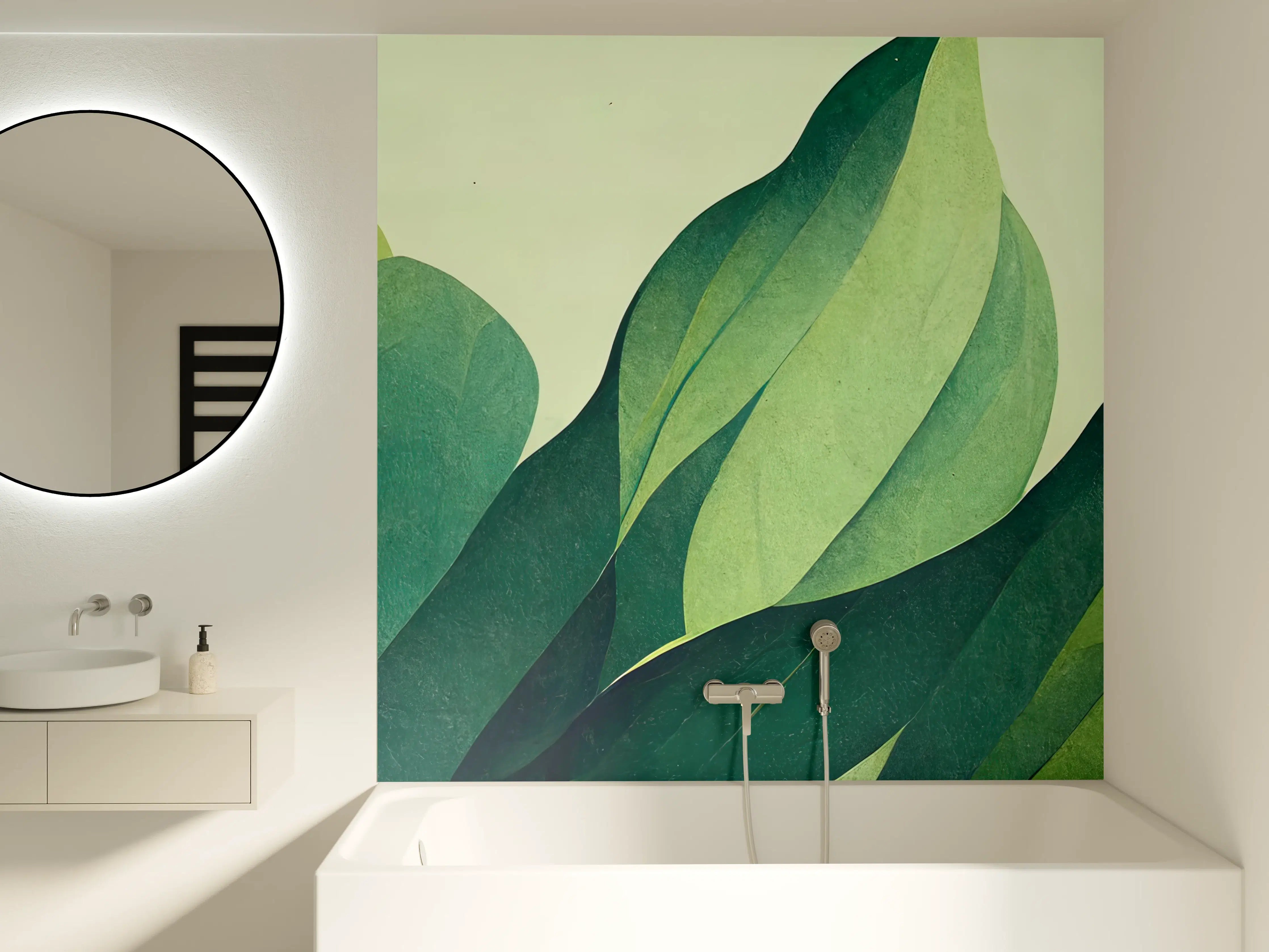 Badewannen-Rückwand - Grüne Blätter in Aquarelltechnik