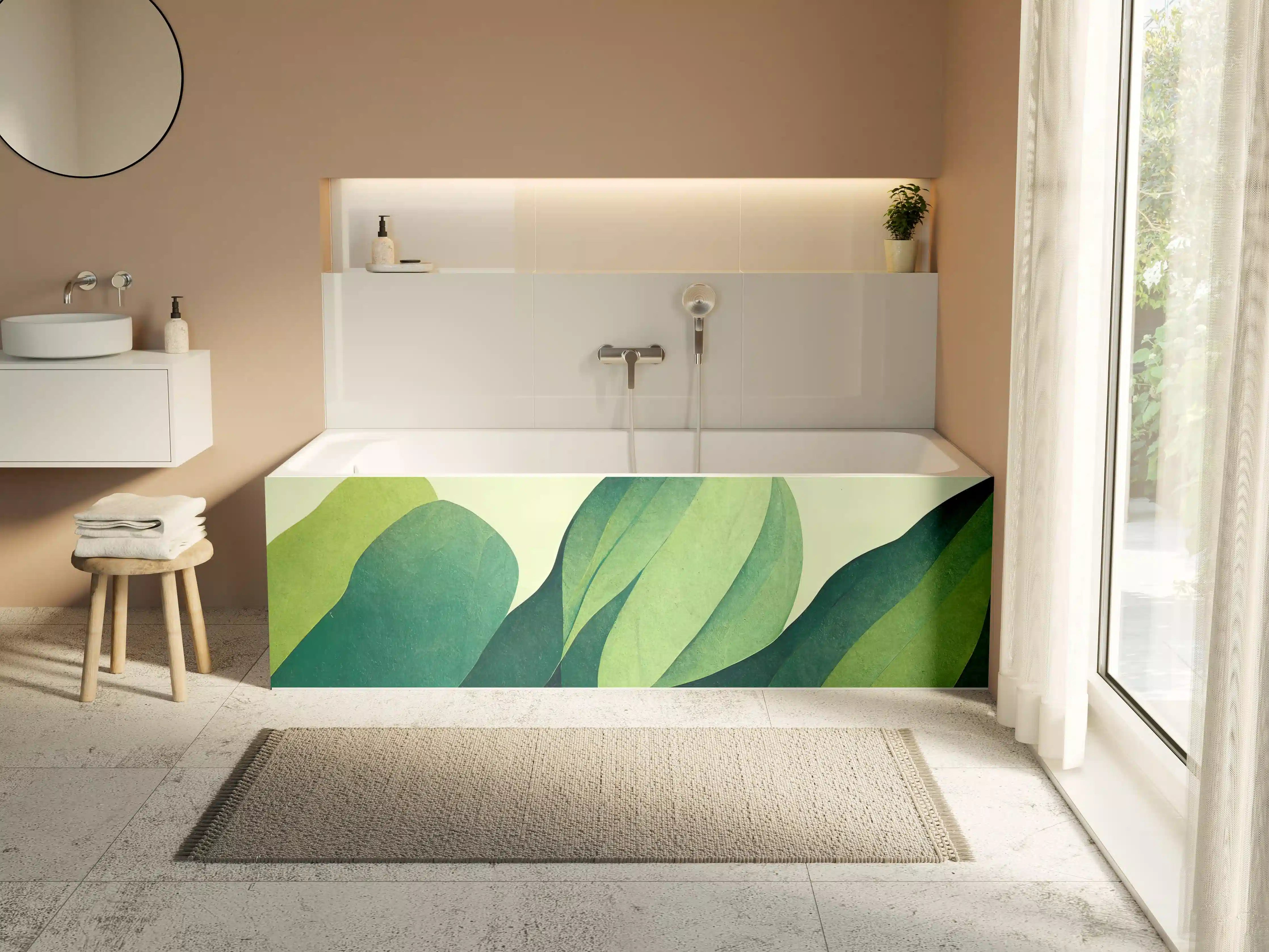 Badewannen-Rückwand - Grüne Blätter in Aquarelltechnik