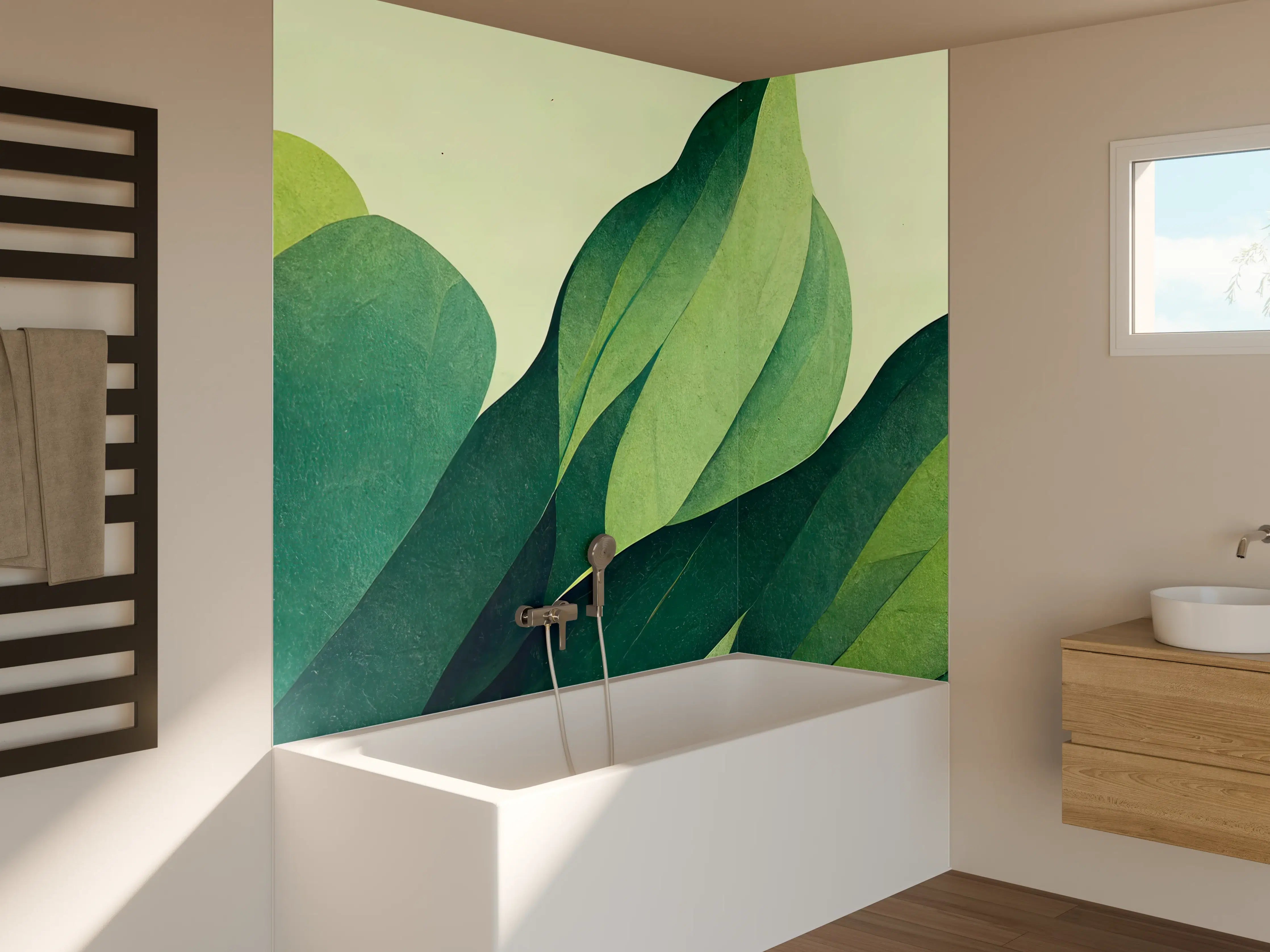 Badewannen-Rückwand - Grüne Blätter in Aquarelltechnik