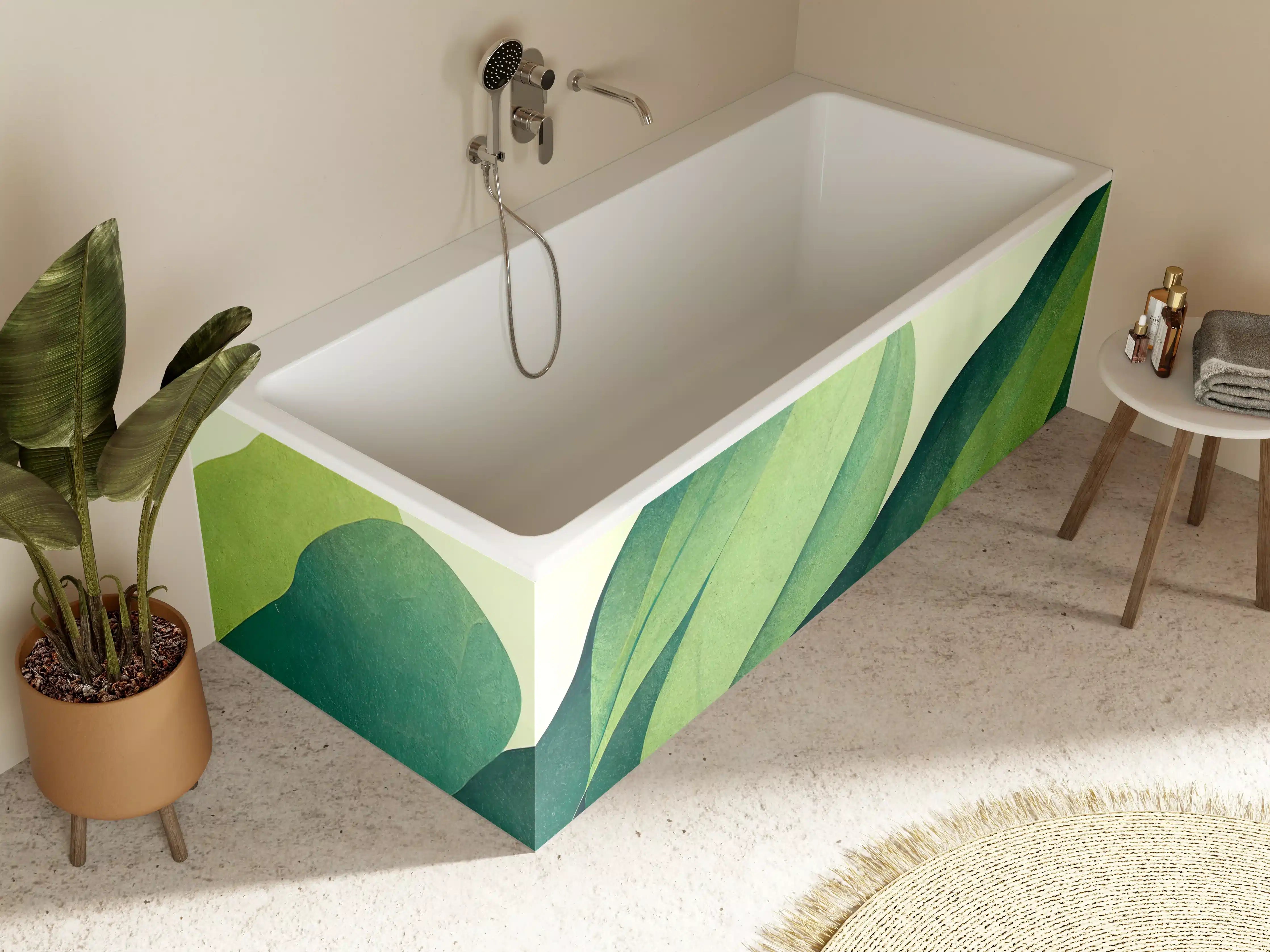 Badewannen-Rückwand - Grüne Blätter in Aquarelltechnik