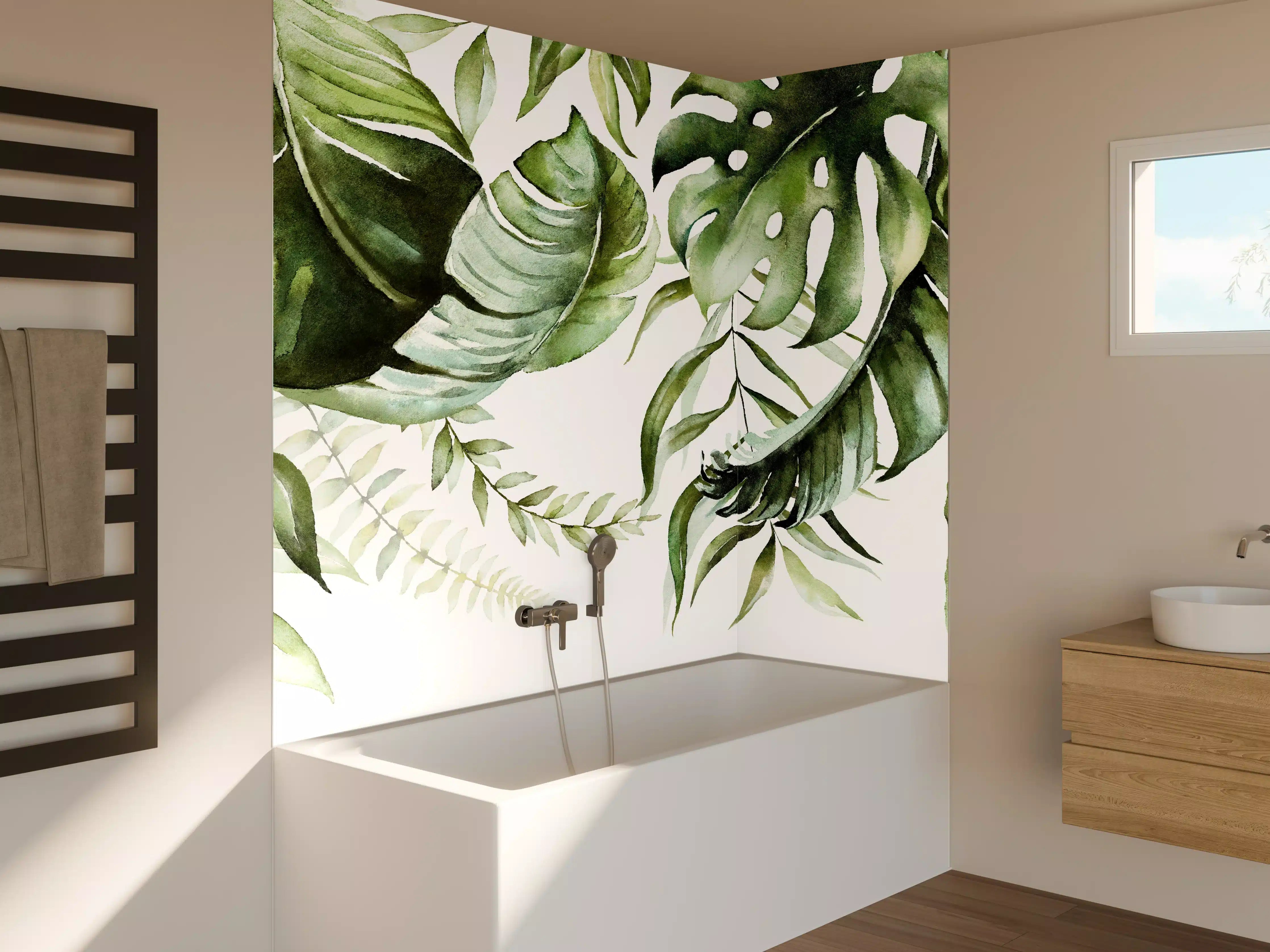 Badewannen-Rückwand - Grüne Tropenblätter Aquarell