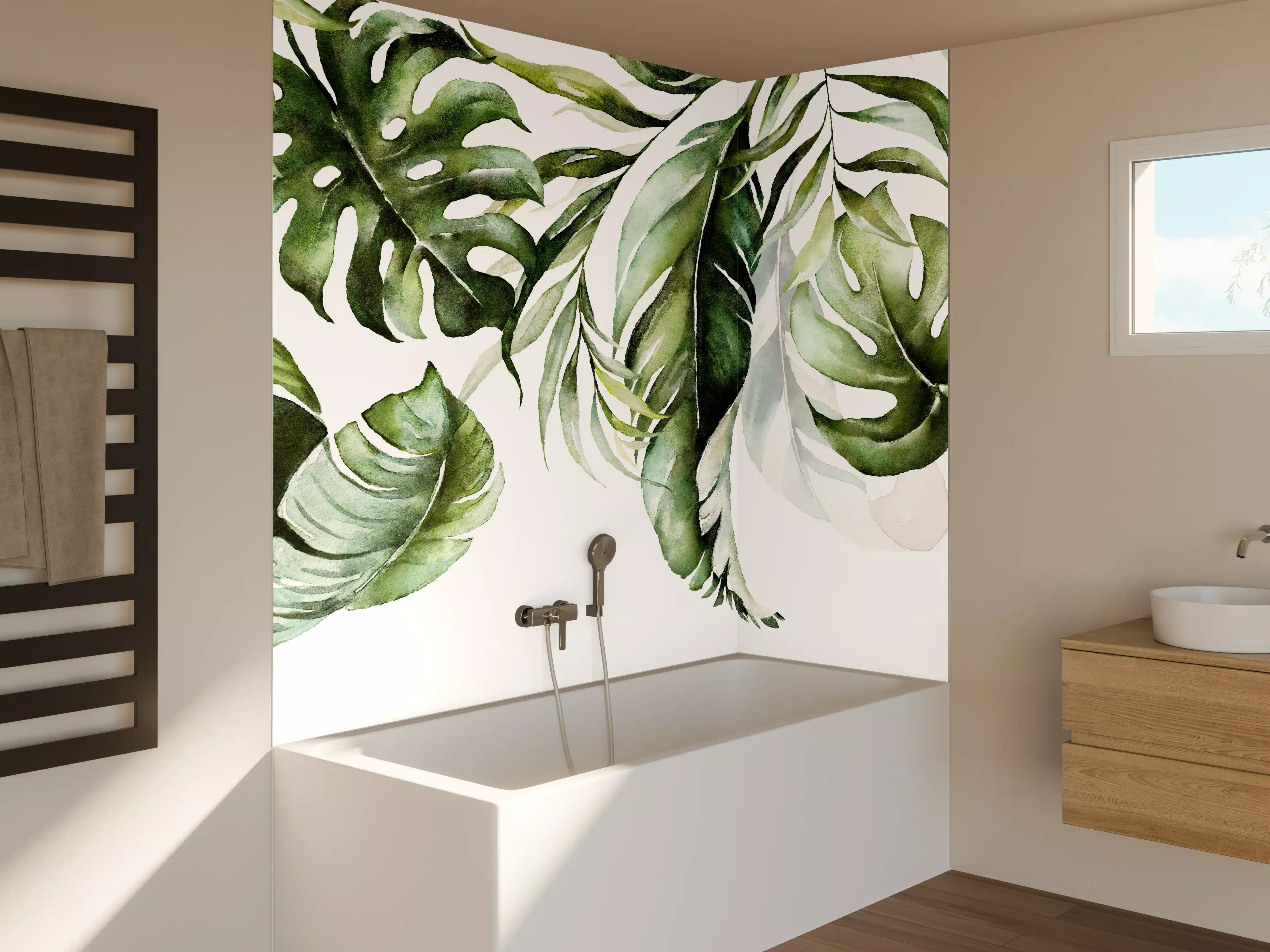 Badewannen-Rückwand - Grüne tropische Blätter Aquarell
