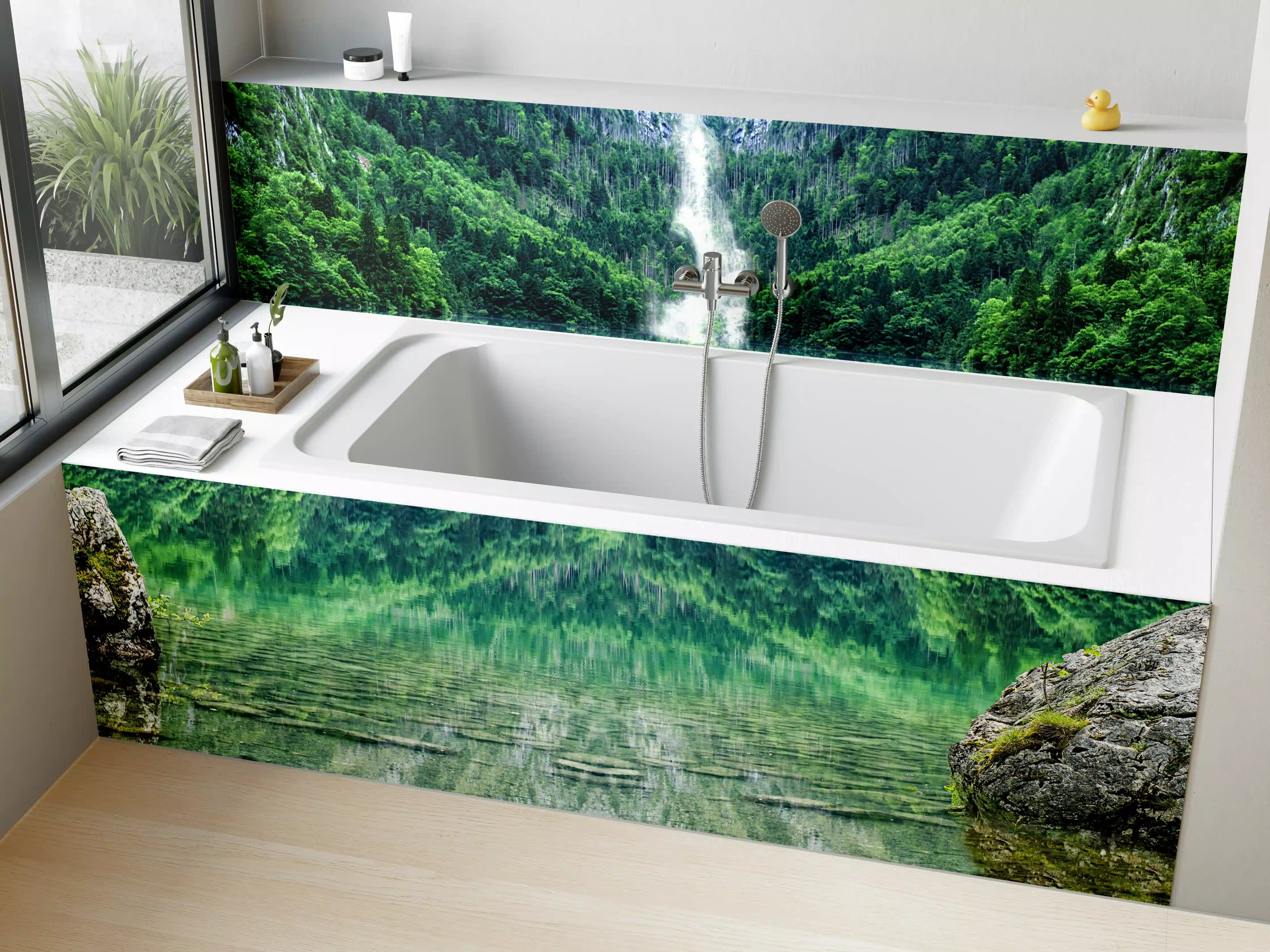 Badewannen-Rückwand - Grüner Wasserfall inmitten der Natur