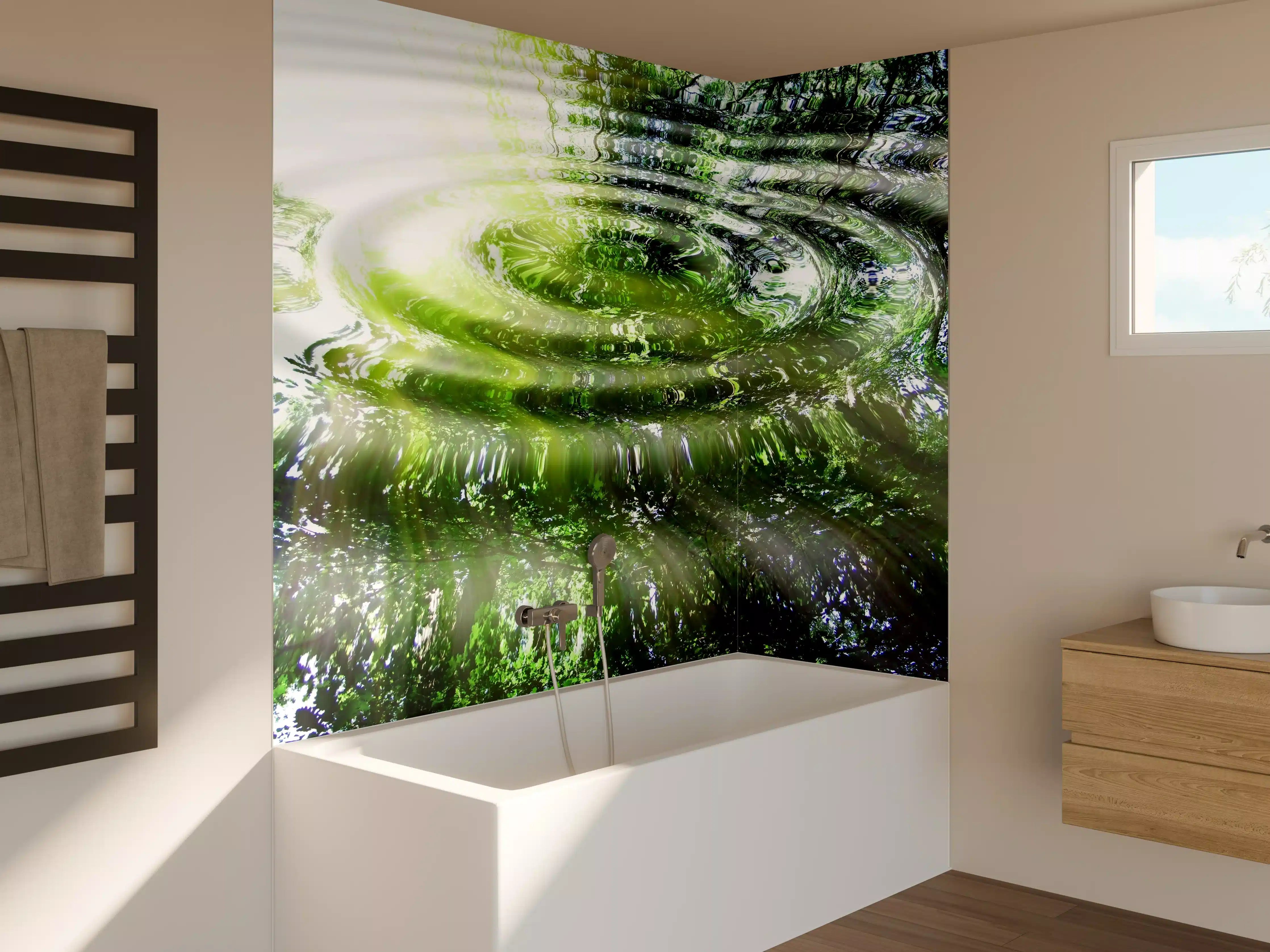Badewannen-Rückwand - Grüner Wasserkranz mit Spiegelung und Blitzen