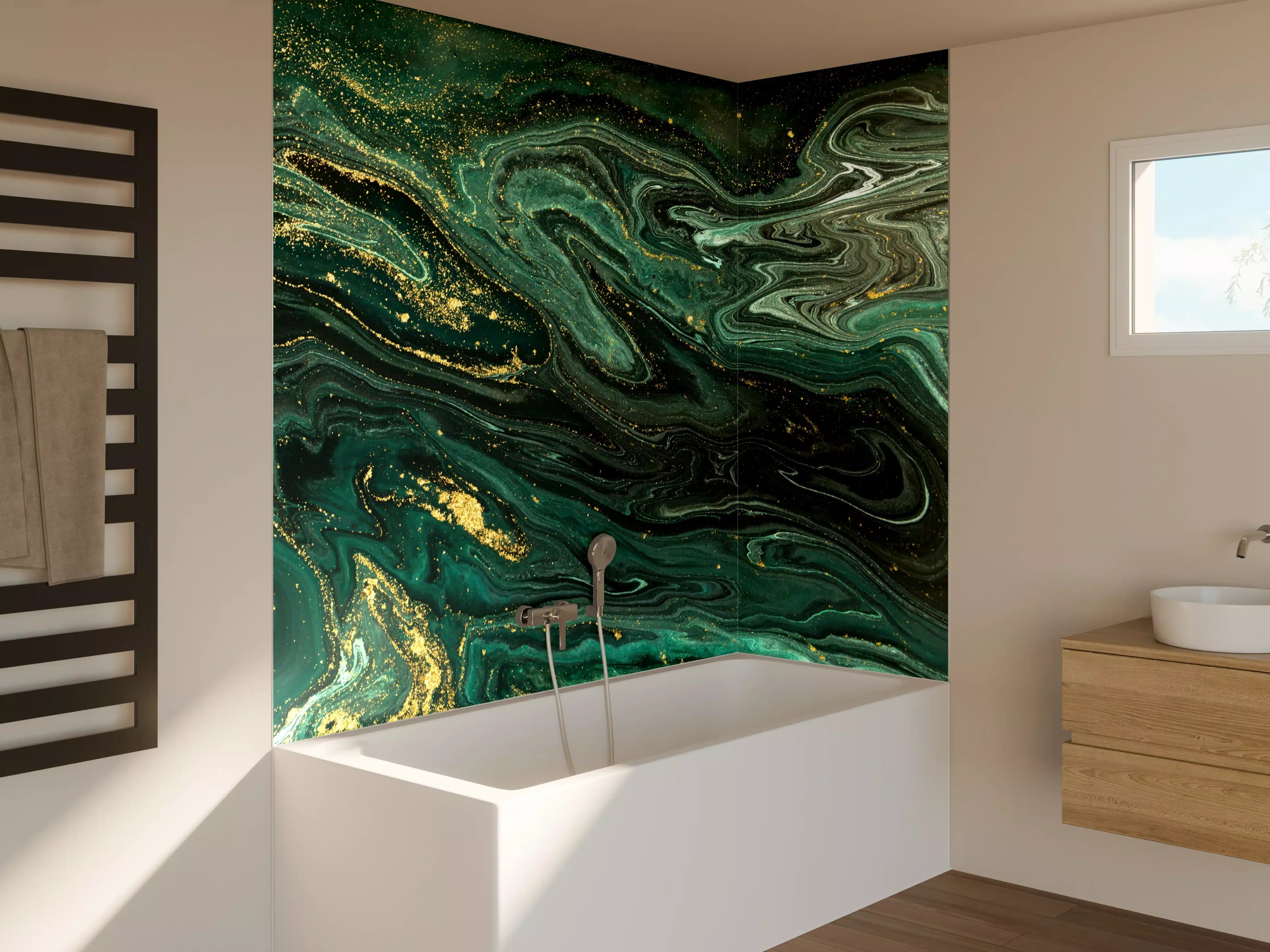 Badewannen-Rückwand - Grüner marmorierter Fluss mit Goldakzenten