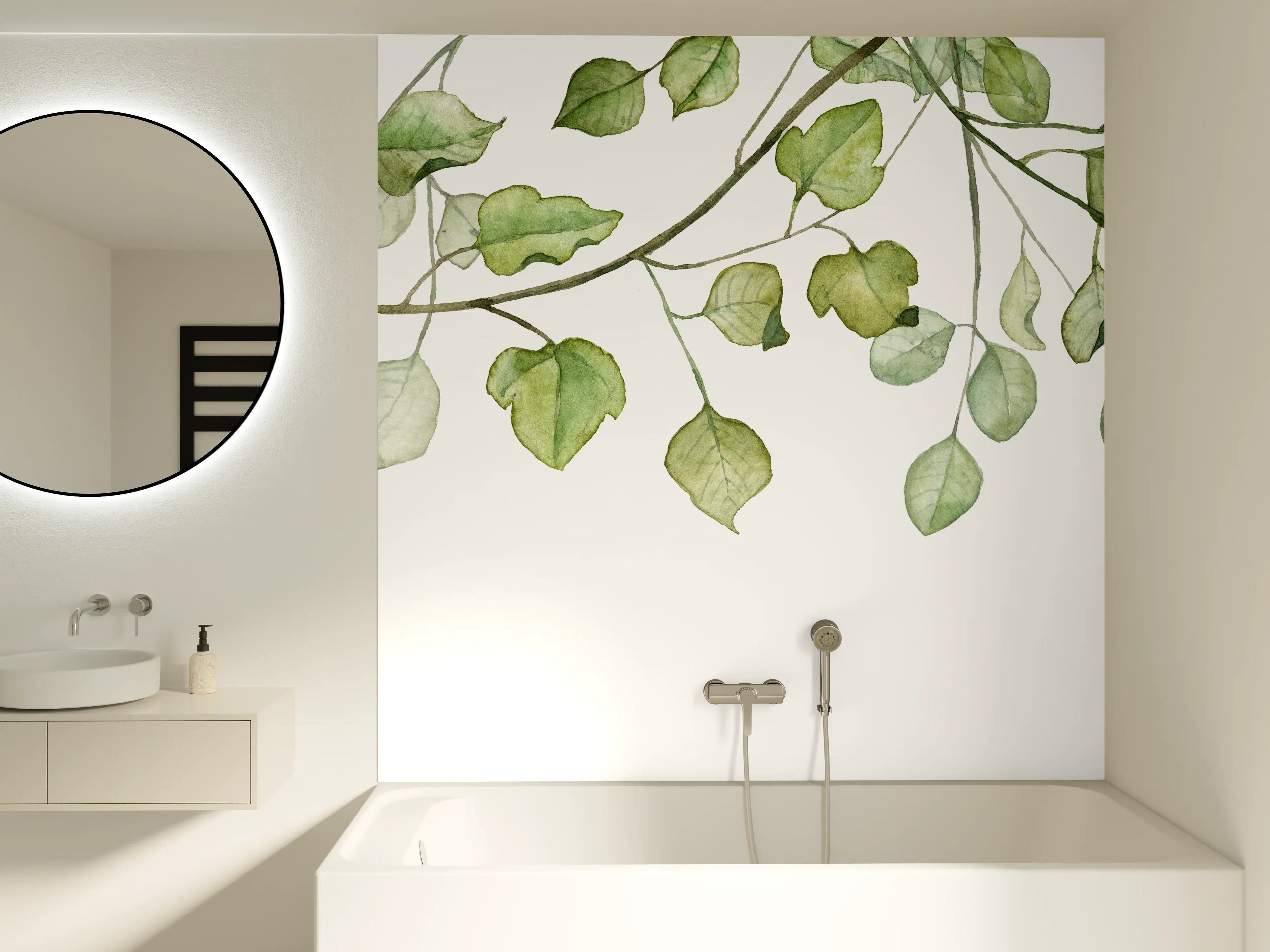 Badewannen-Rückwand - Hängende Blätter an Ästen Aquarell