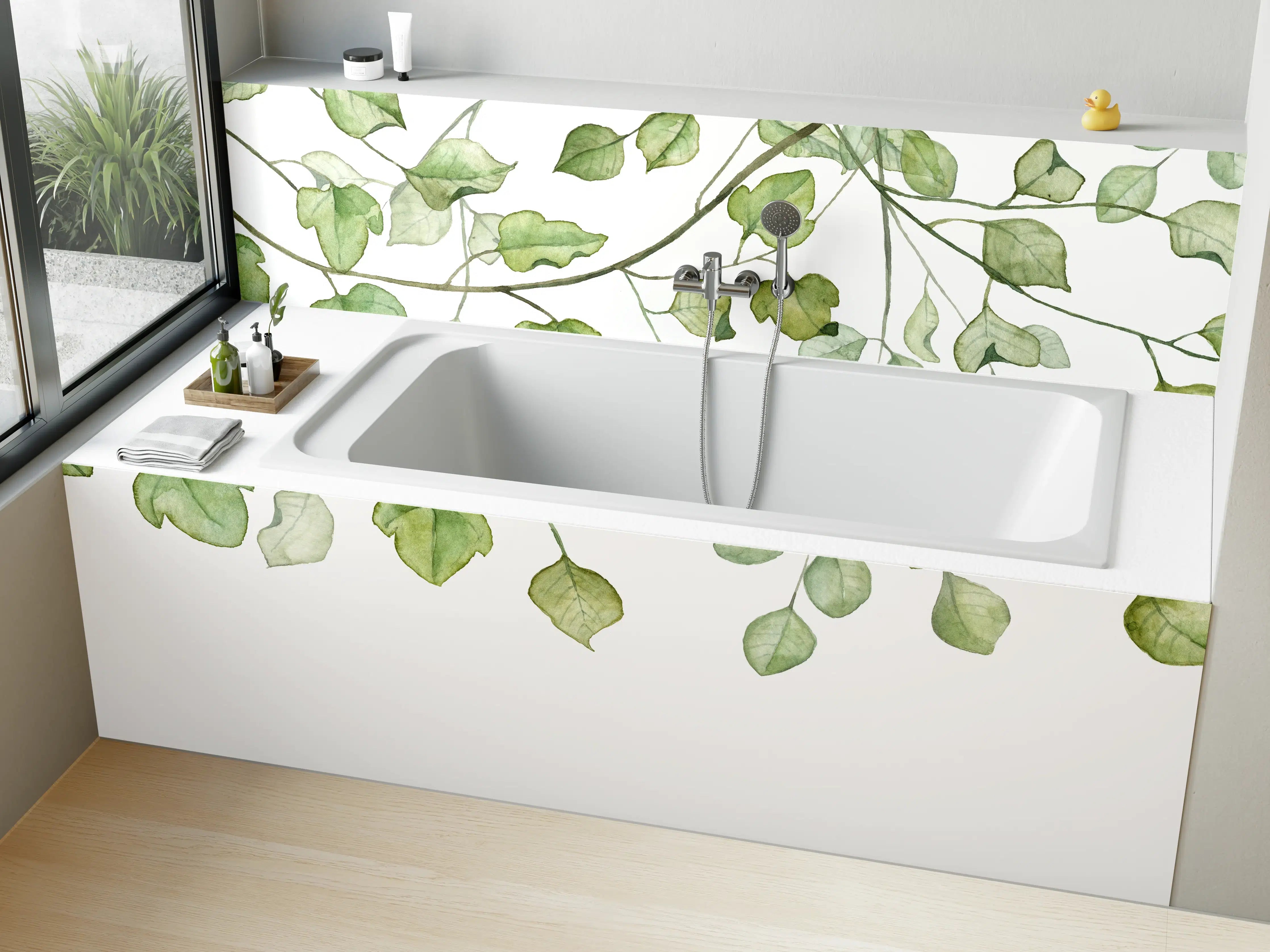 Badewannen-Rückwand - Hängende Blätter an Ästen Aquarell