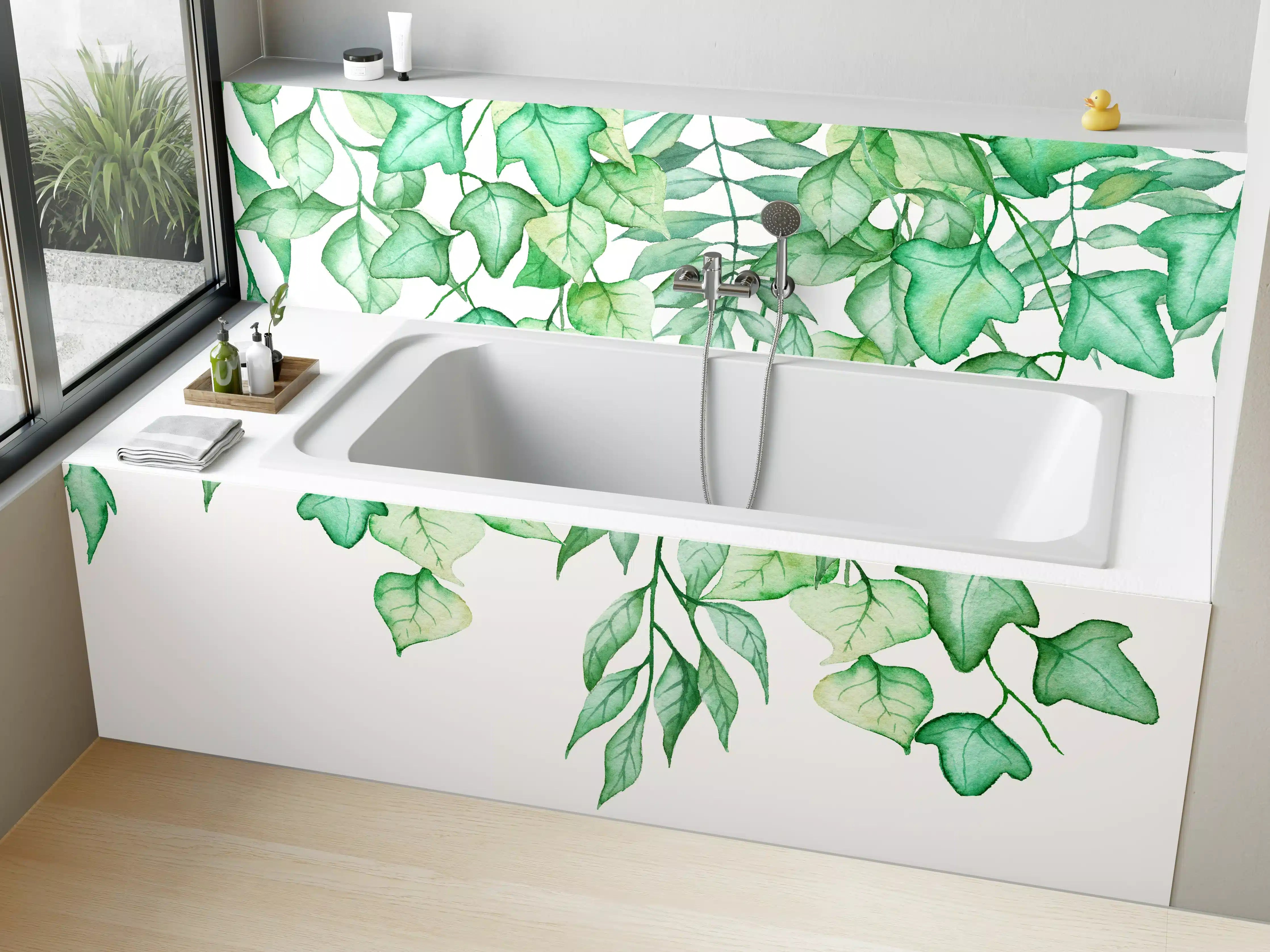 Badewannen-Rückwand - Handgezeichneten Aquarellblättern und Efeu