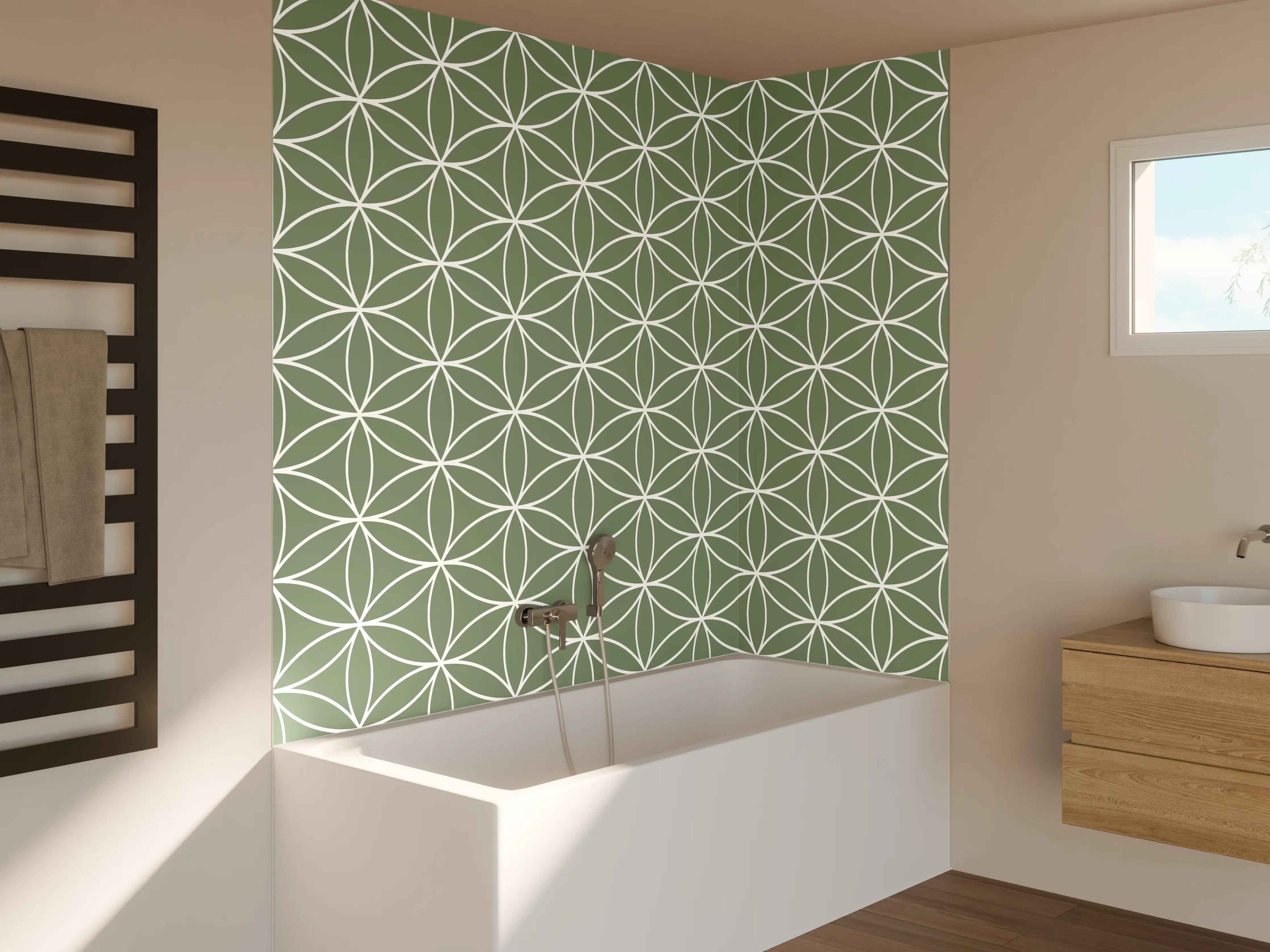 Badewannen-Rückwand - Harmonisches geometrisches Muster in sanften Grüntönen