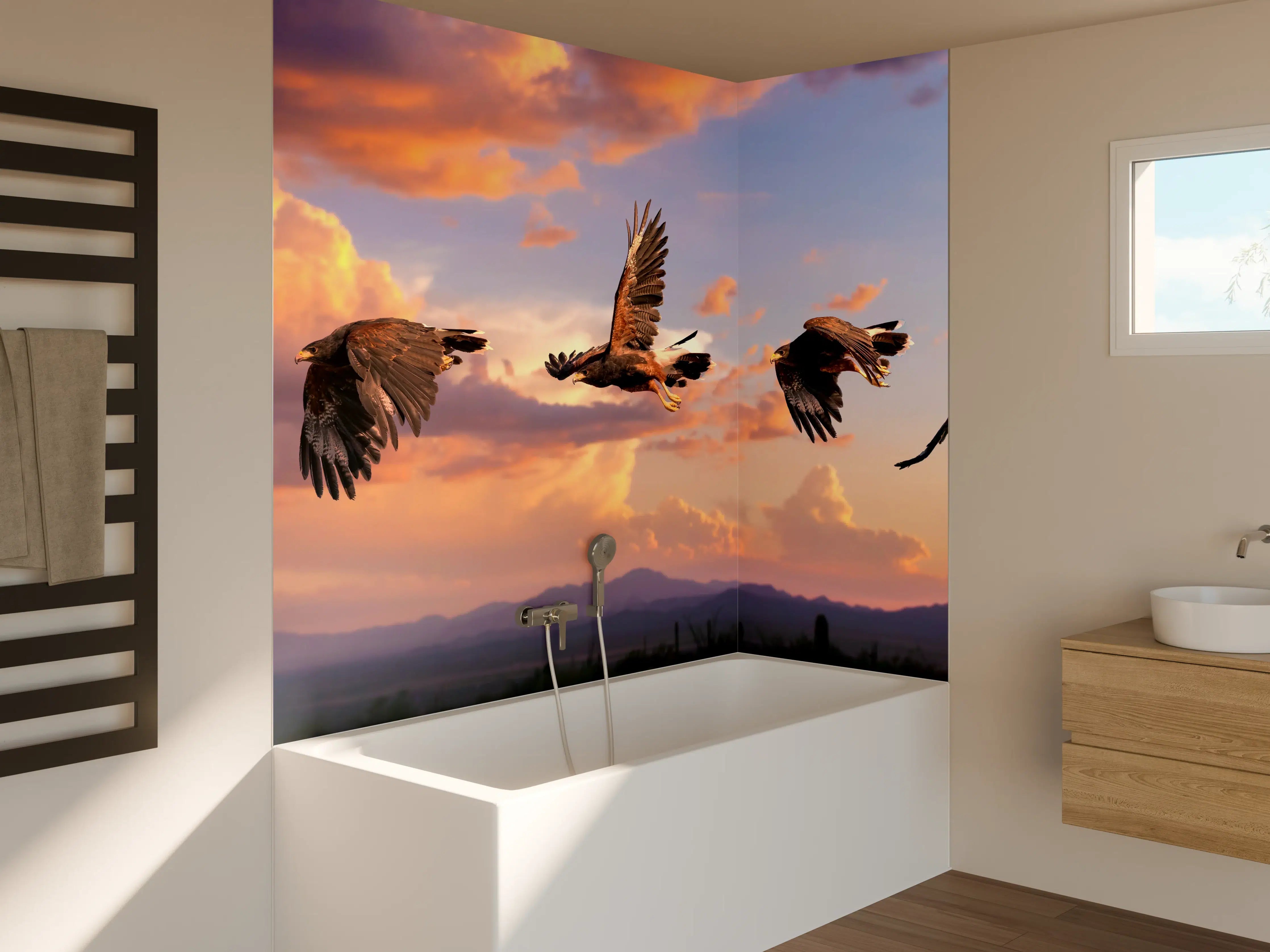 Badewannen-Rückwand - Harris Hawk im Flug Blauhimmel
