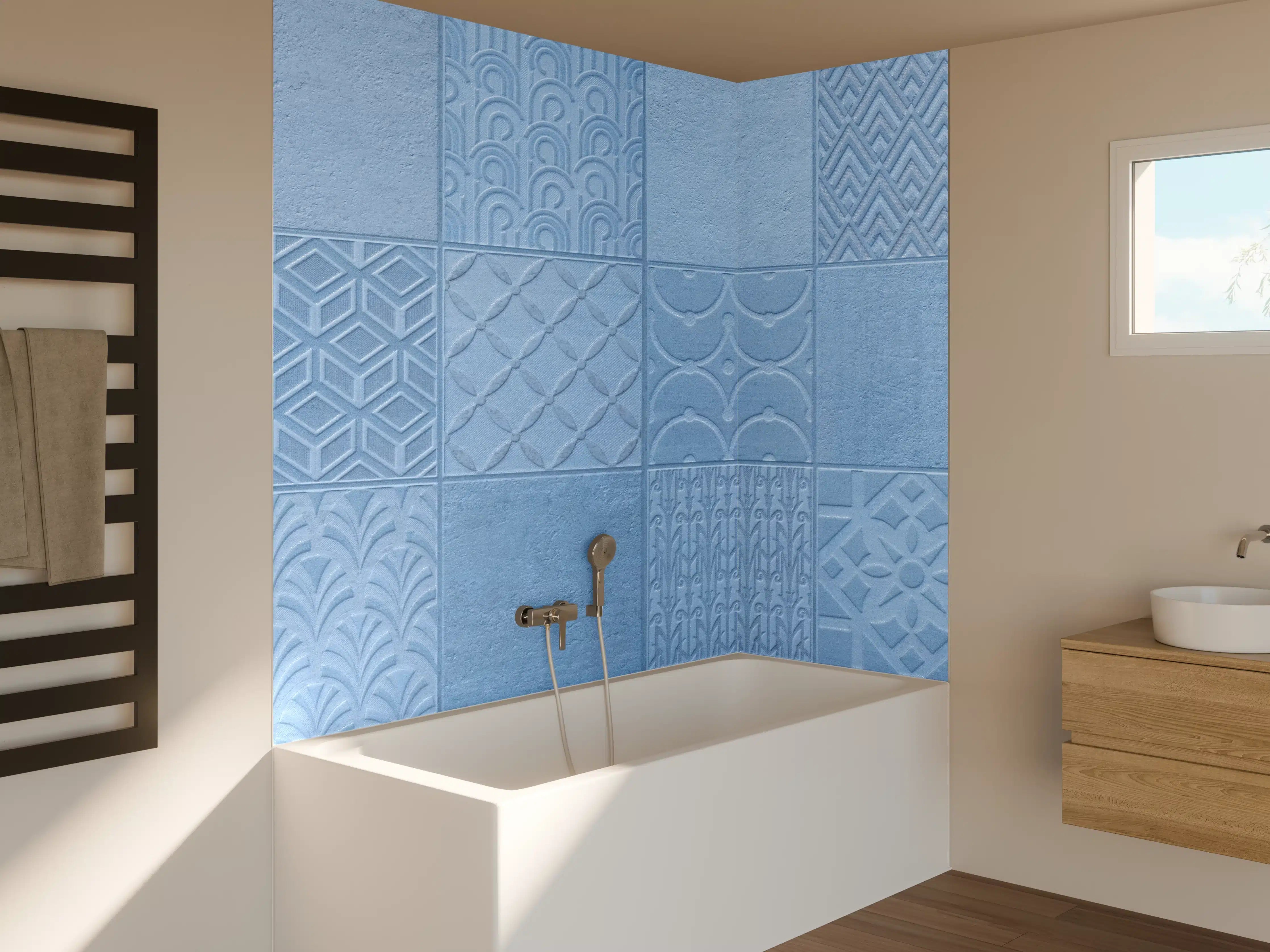 Badewannen-Rückwand - Hellblaue Fliesenmuster