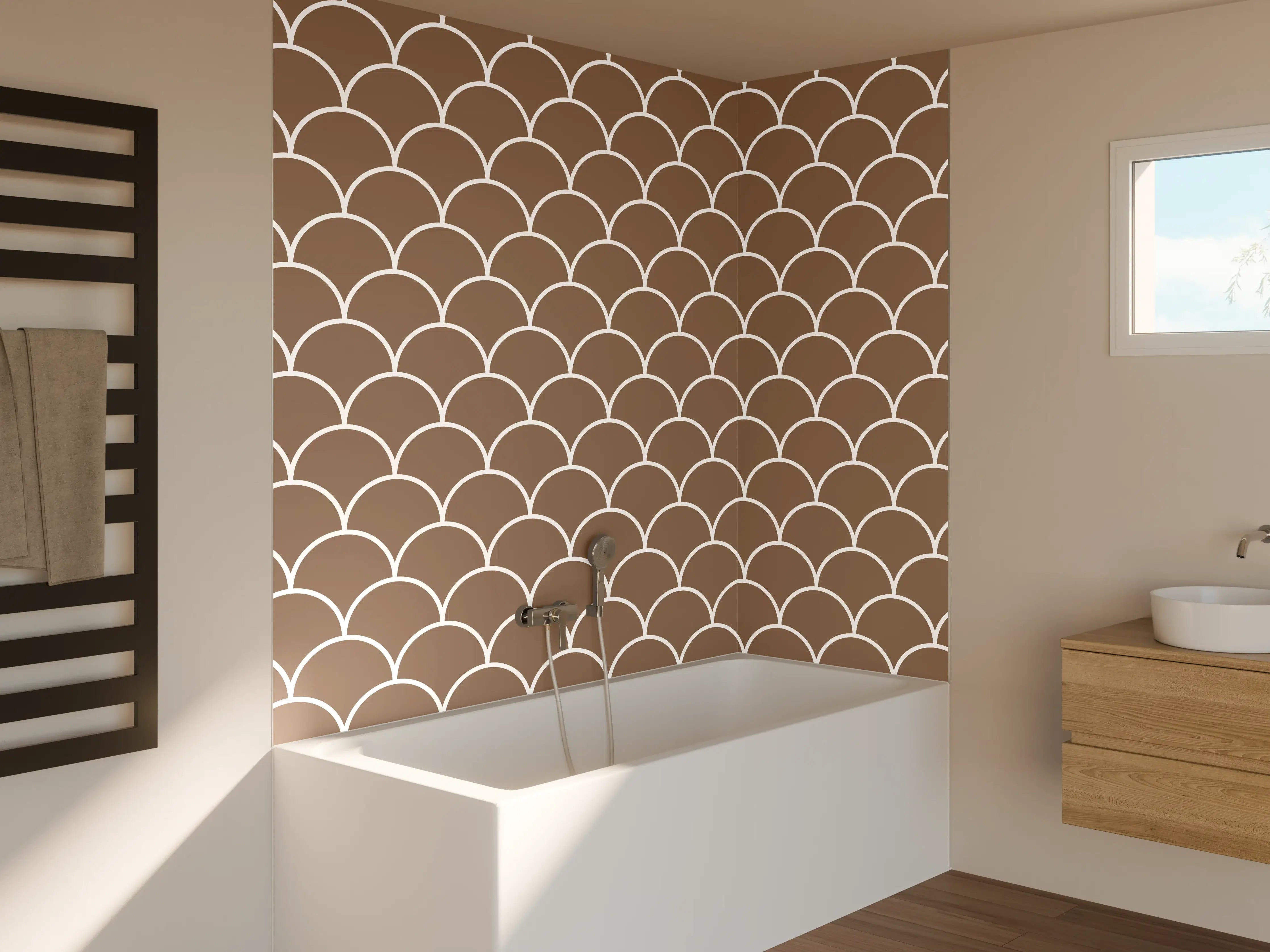Badewannen-Rückwand - Helle Braun-Töne mit eleganter Schuppenstruktur