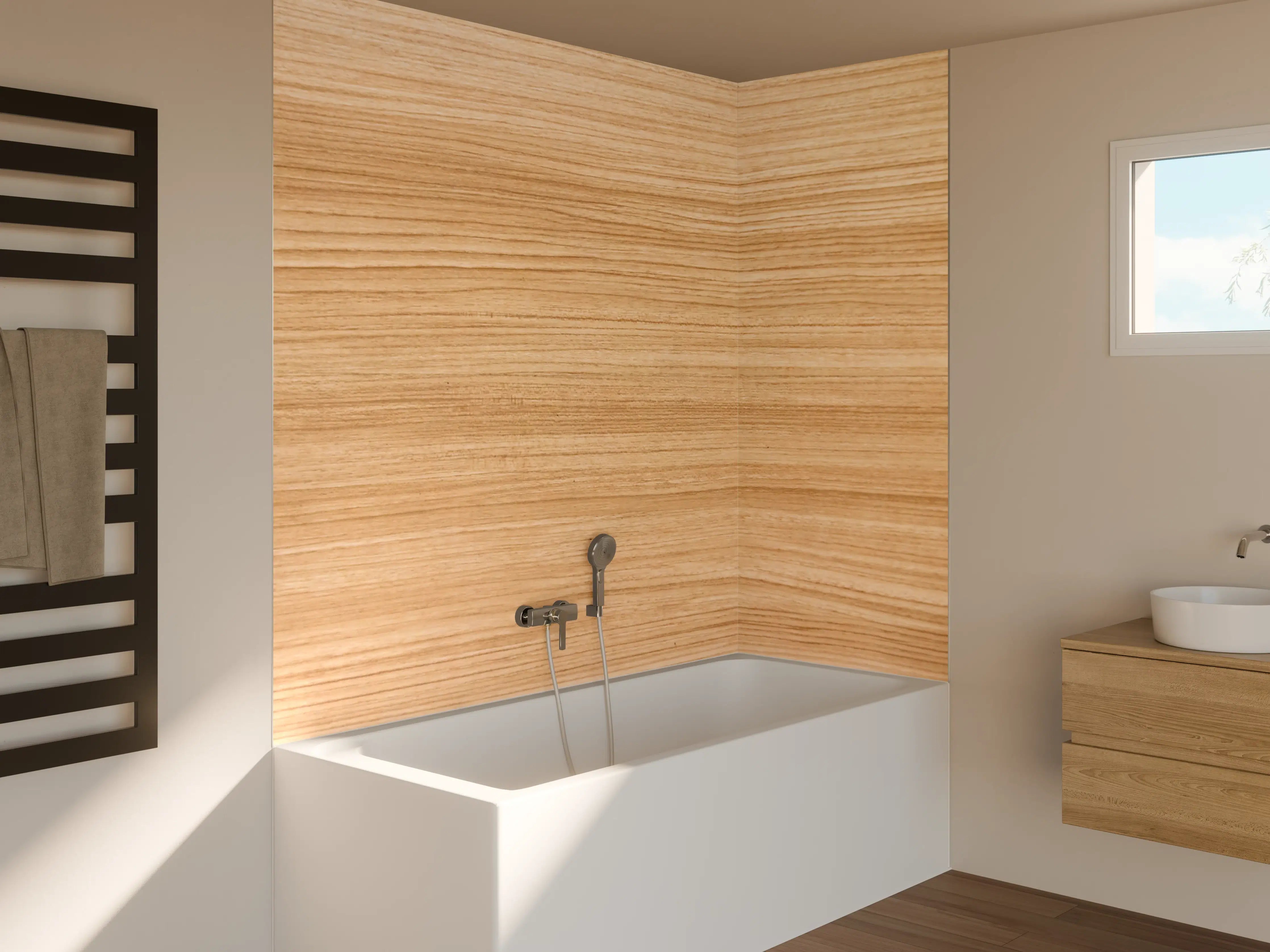Badewannen-Rückwand - Helle Holzmaserung in natürlichem Farbton