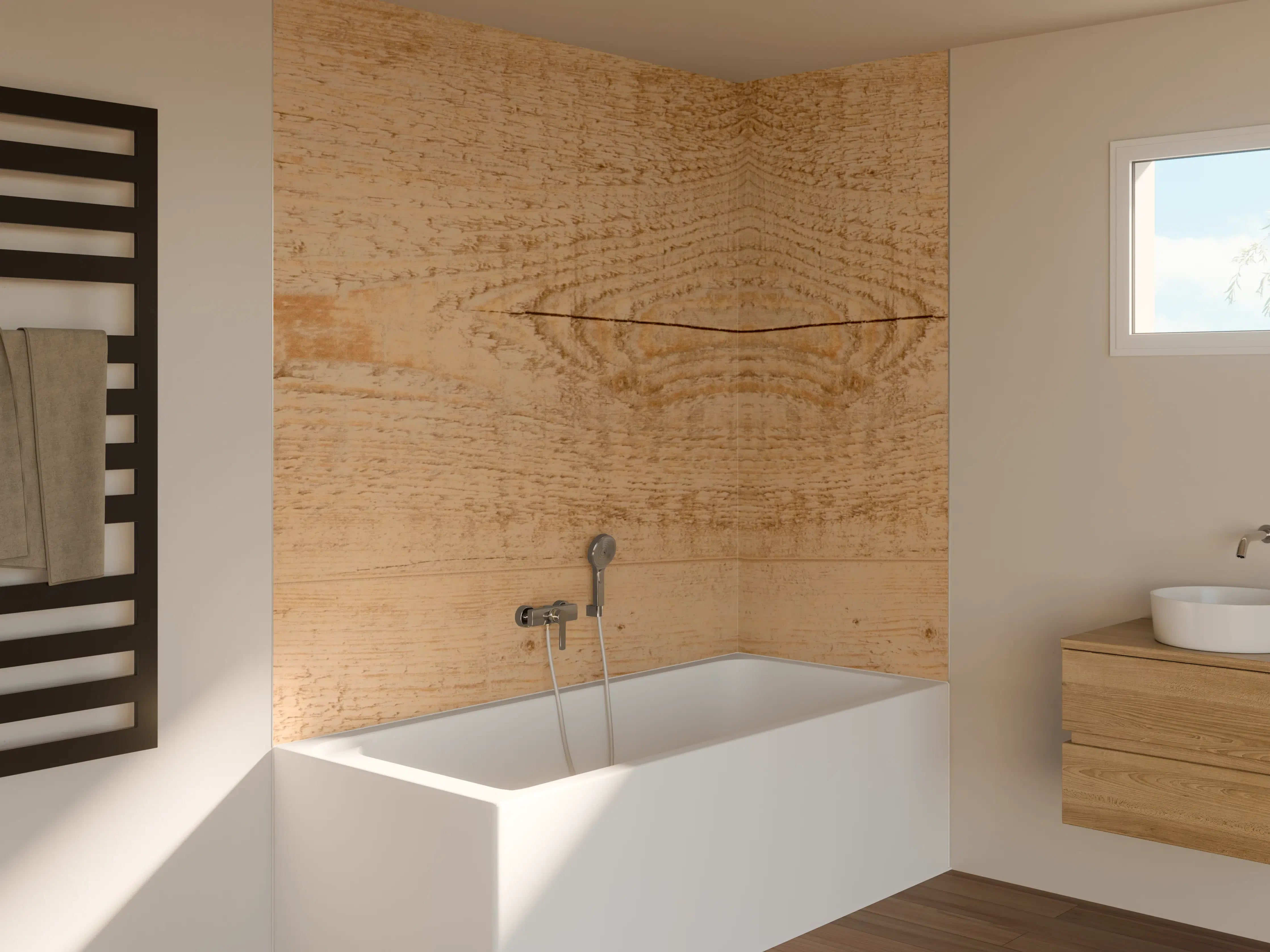 Badewannen-Rückwand - Helle Holzmaserung mit natürlichen Texturen