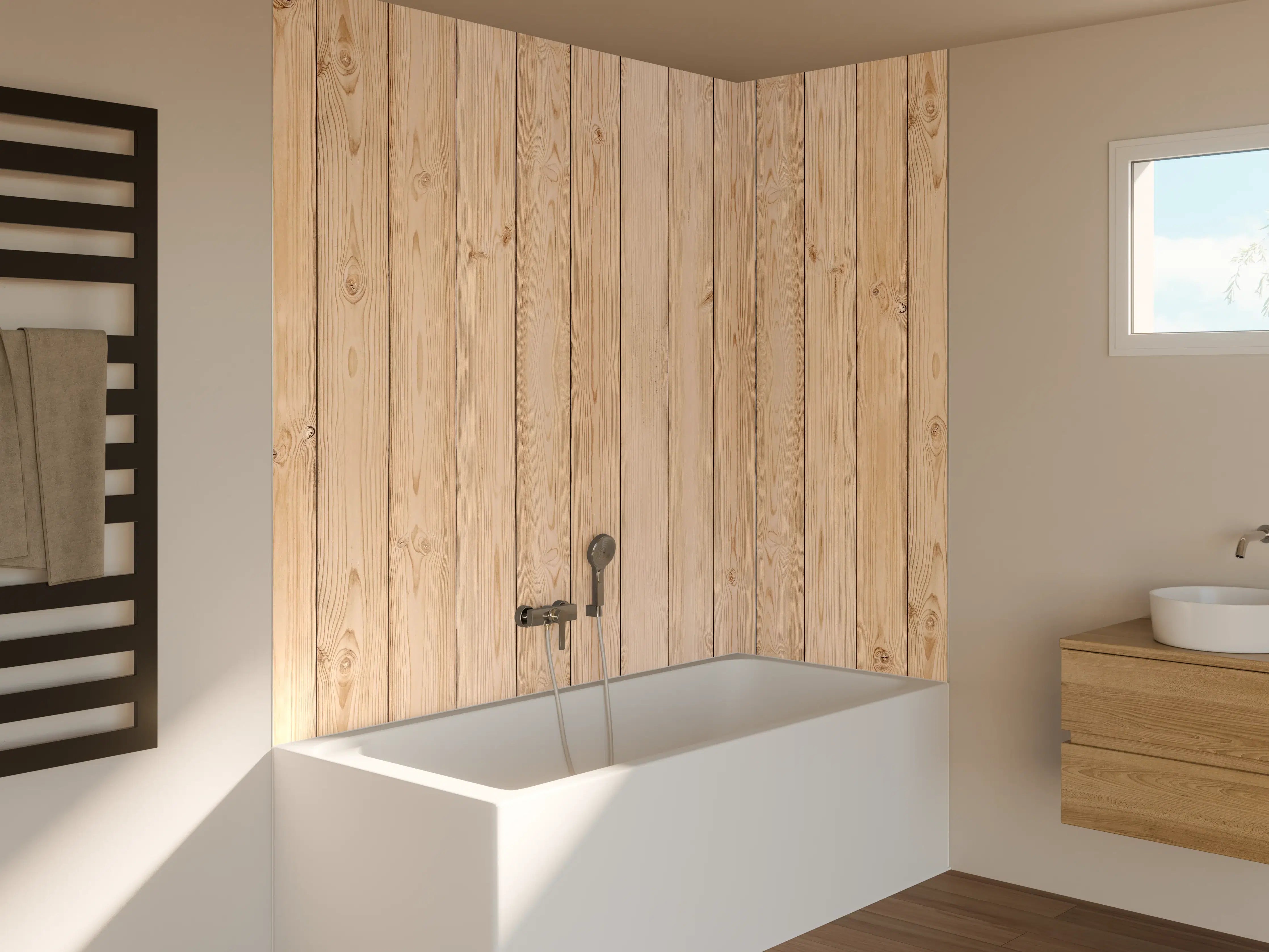 Badewannen-Rückwand - Helle Holzplanken