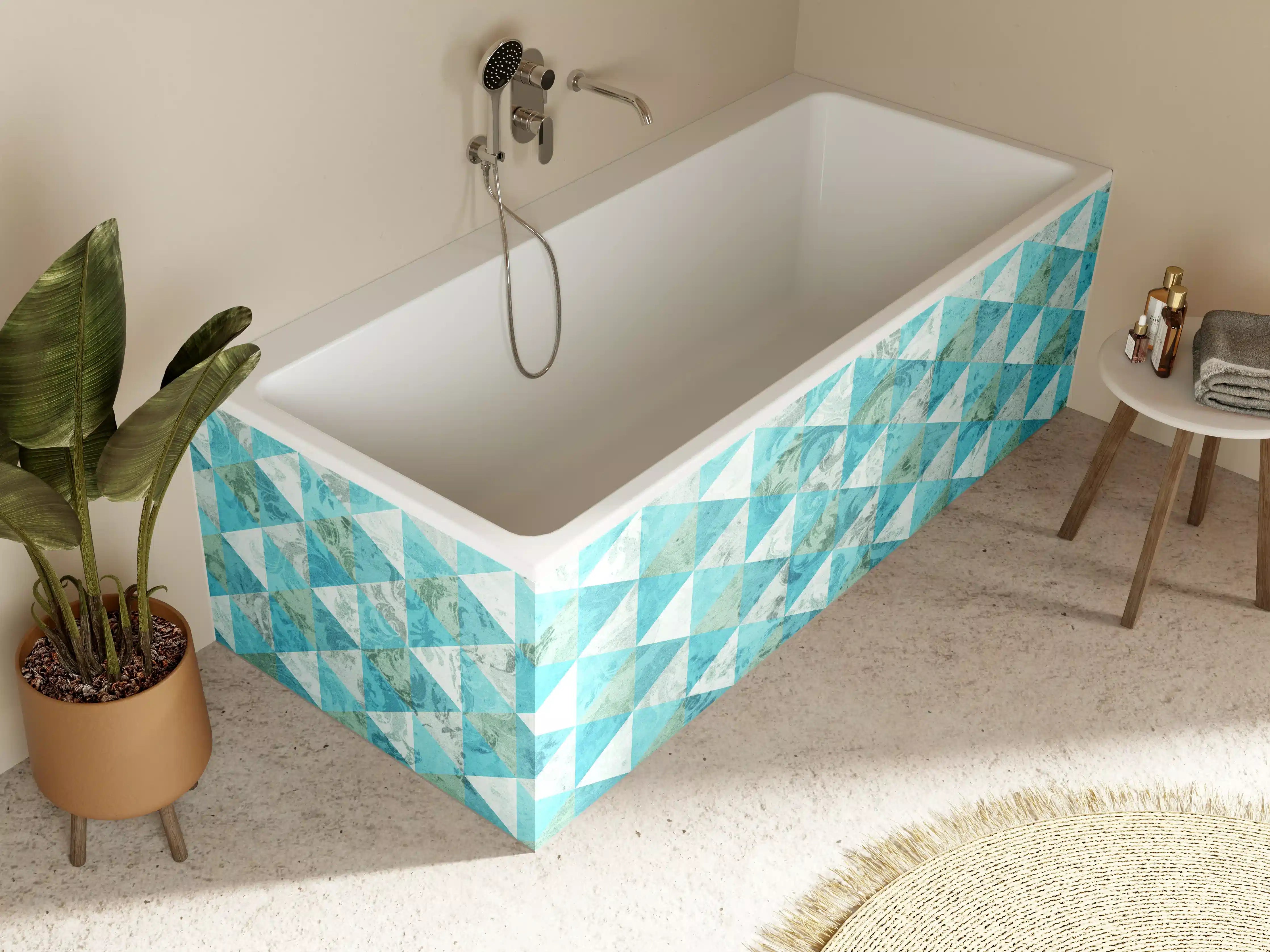 Badewannen-Rückwand - Helle geometrische Muster in Blau-Tönen