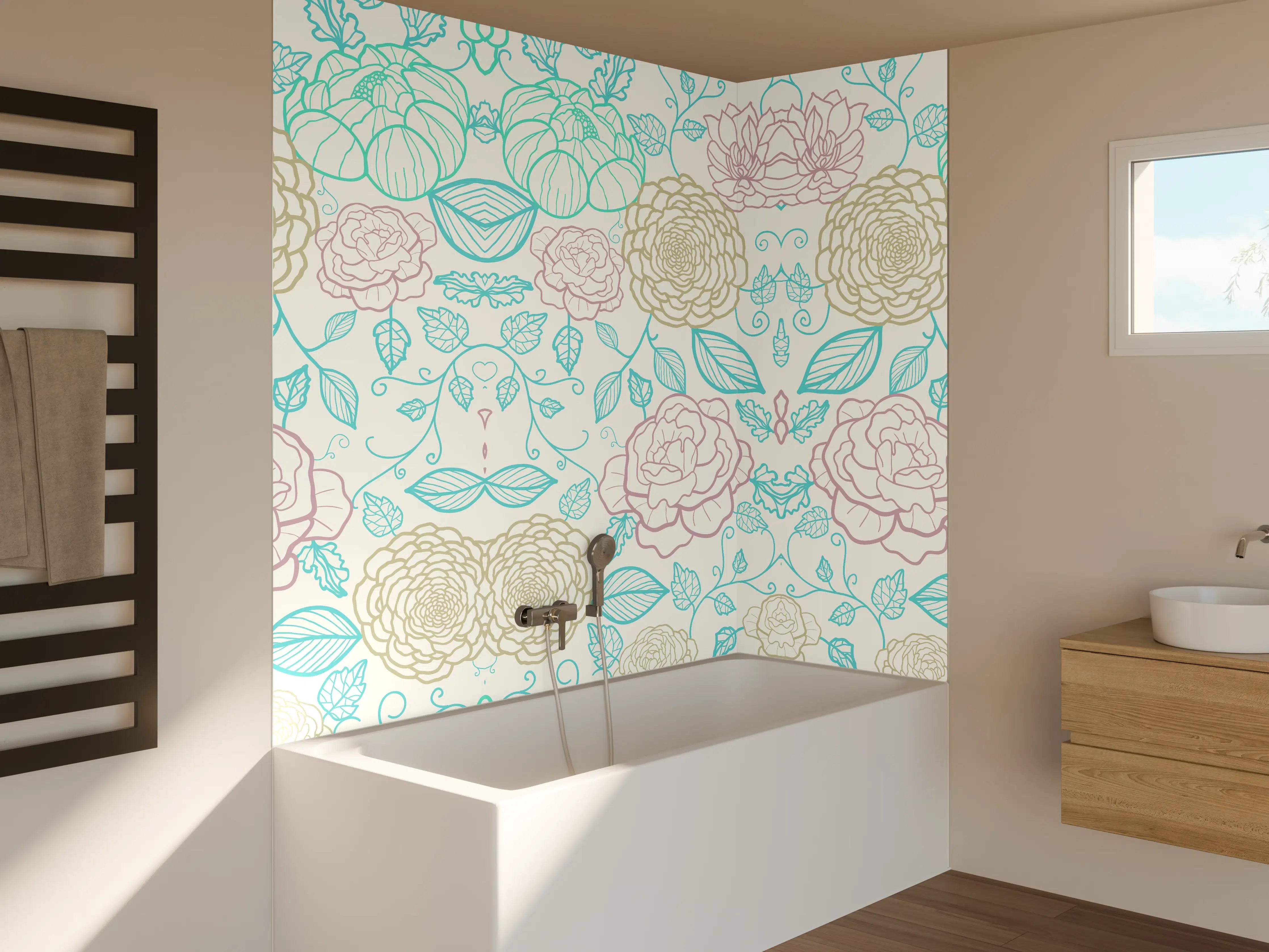 Badewannen-Rückwand - Helle, florale Muster mit pastellfarbenen Akzenten