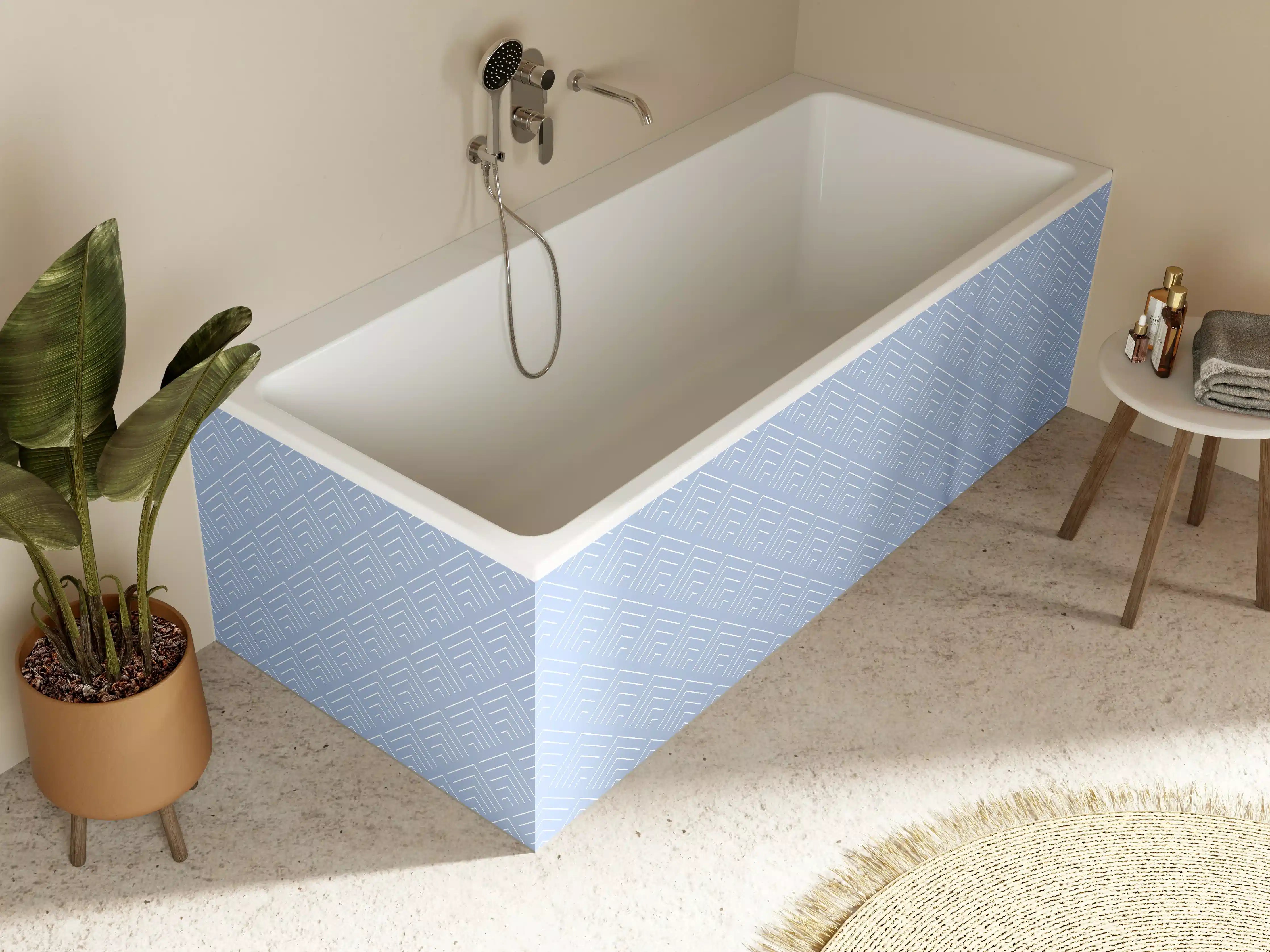 Badewannen-Rückwand - Helle, strukturierte Wandverzierung mit geometrischem Muster