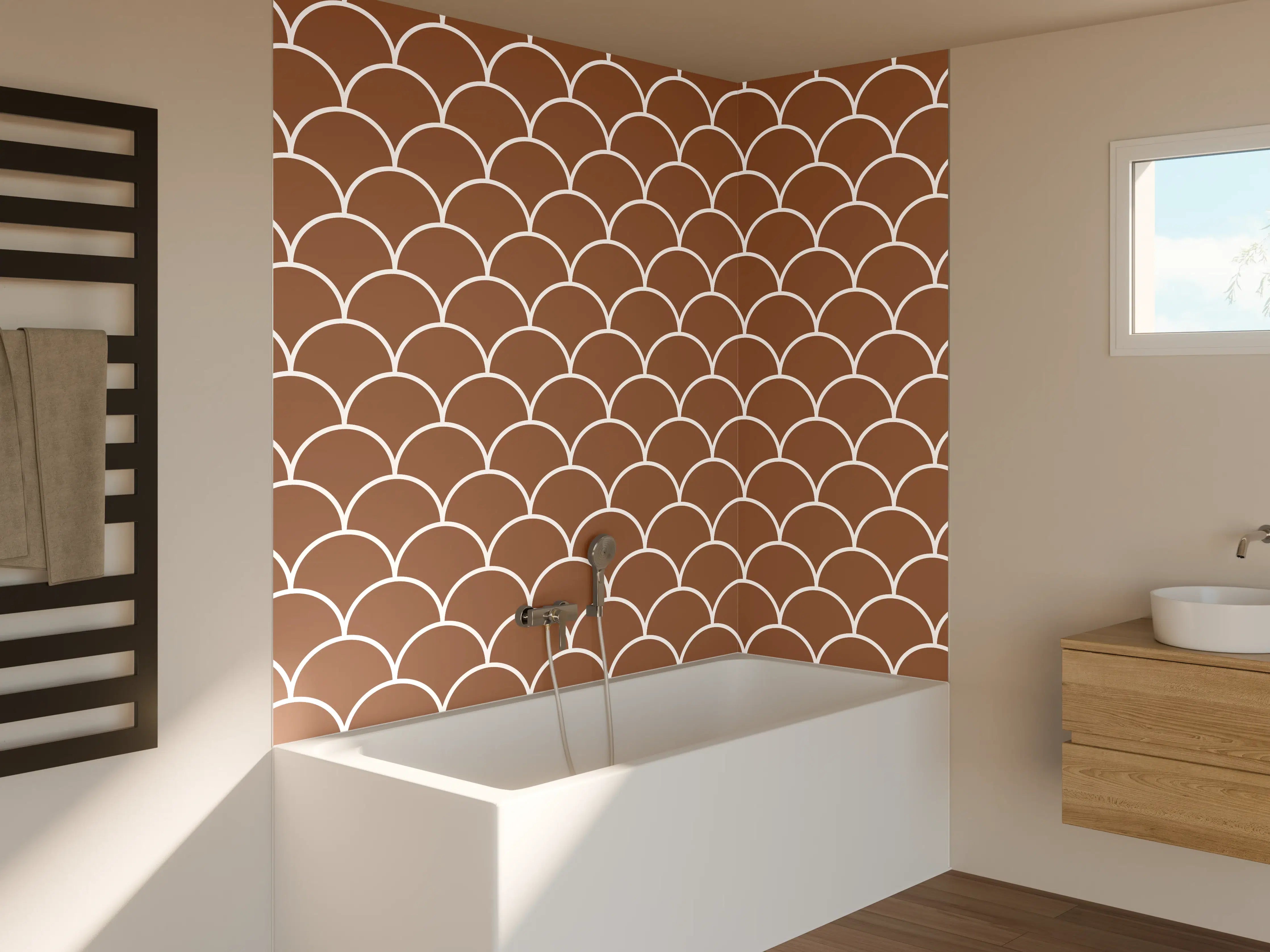 Badewannen-Rückwand - Hellen Mint-Grün- und Beigetöne in Fischschuppen-Optik