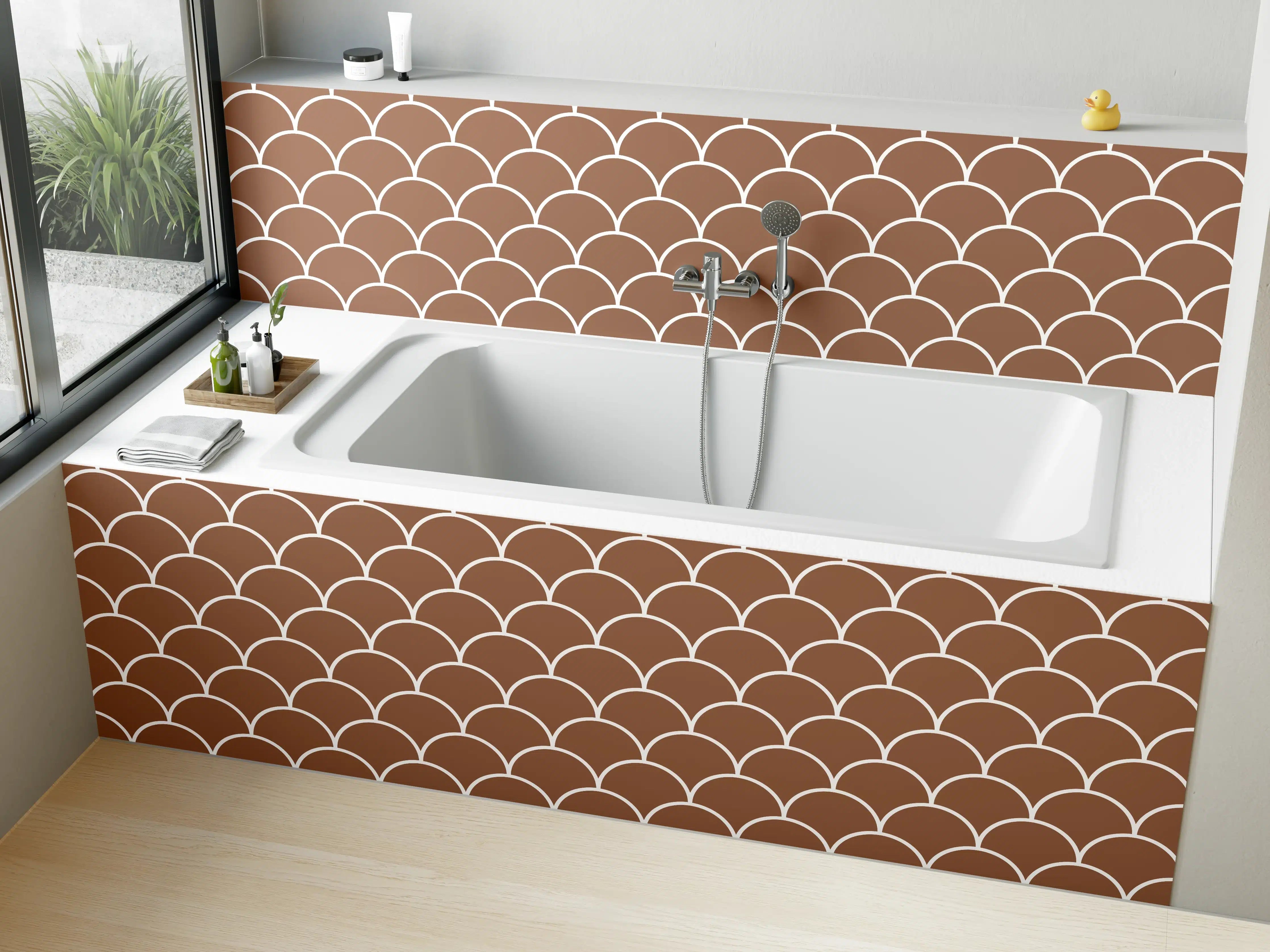 Badewannen-Rückwand - Hellen Mint-Grün- und Beigetöne in Fischschuppen-Optik