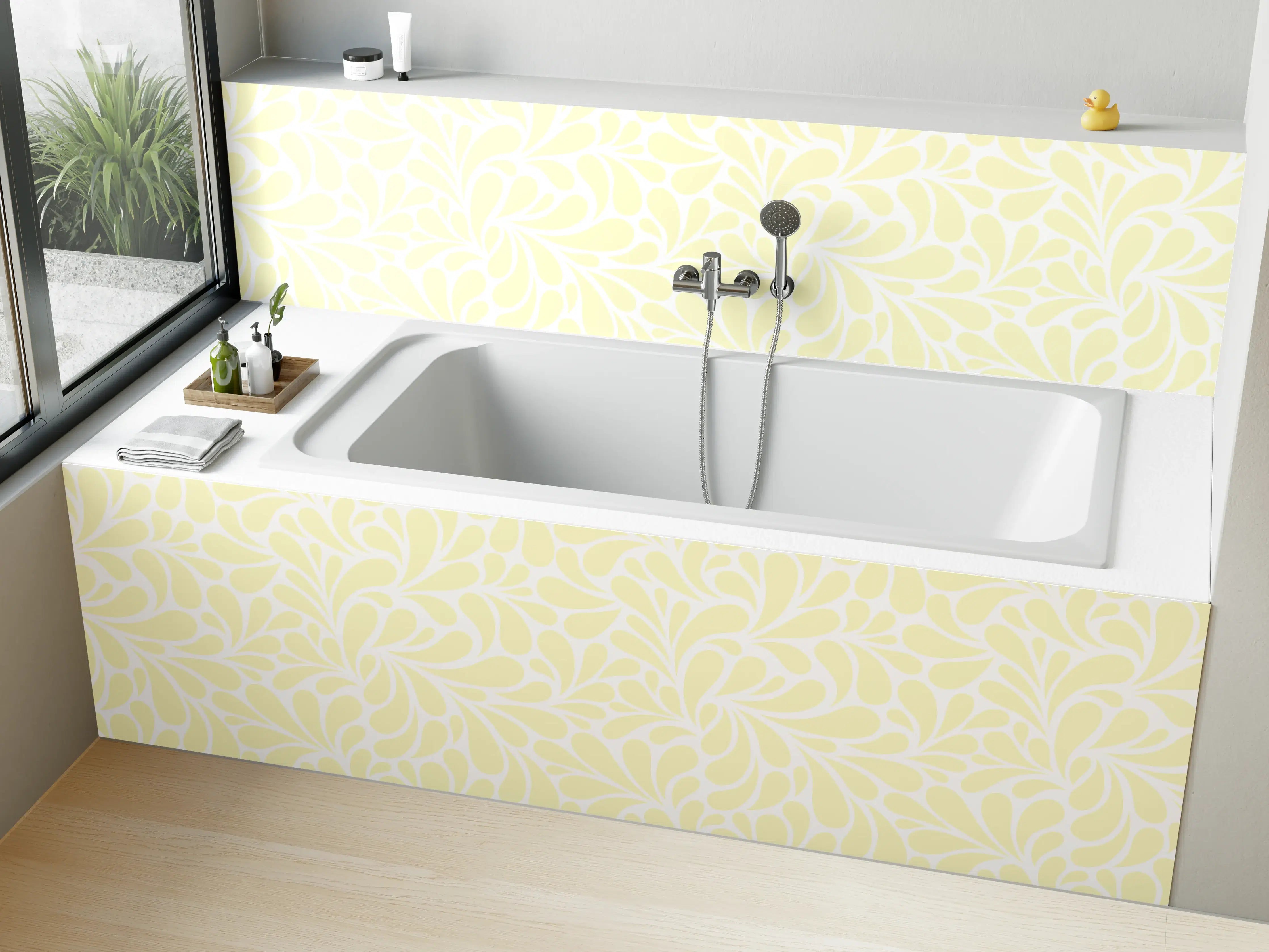 Badewannen-Rückwand - Helles Blumendesign mit zarten Gelbtönen