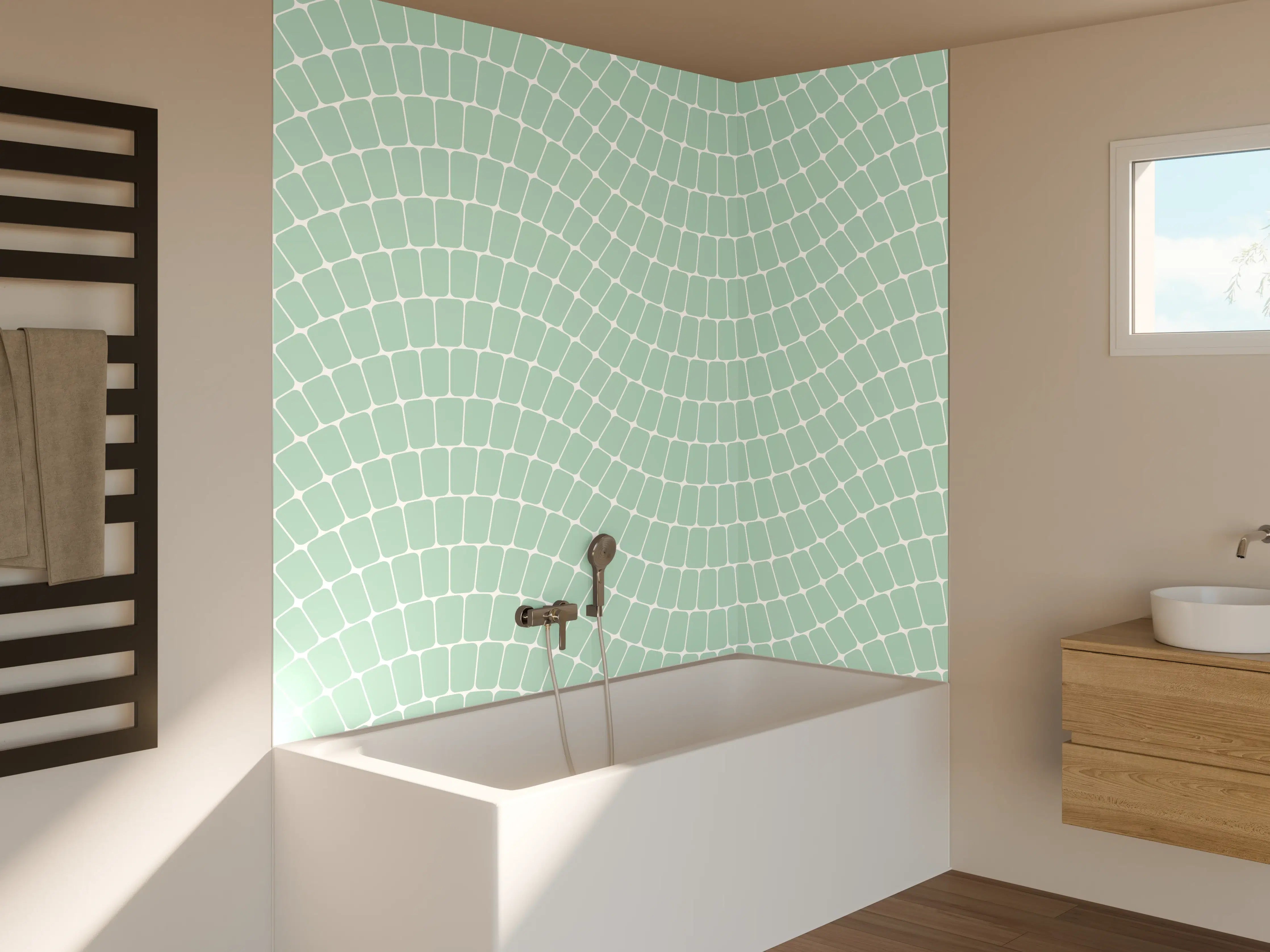Badewannen-Rückwand - Helles Mintgrün-Muster mit geometrischen Wellen