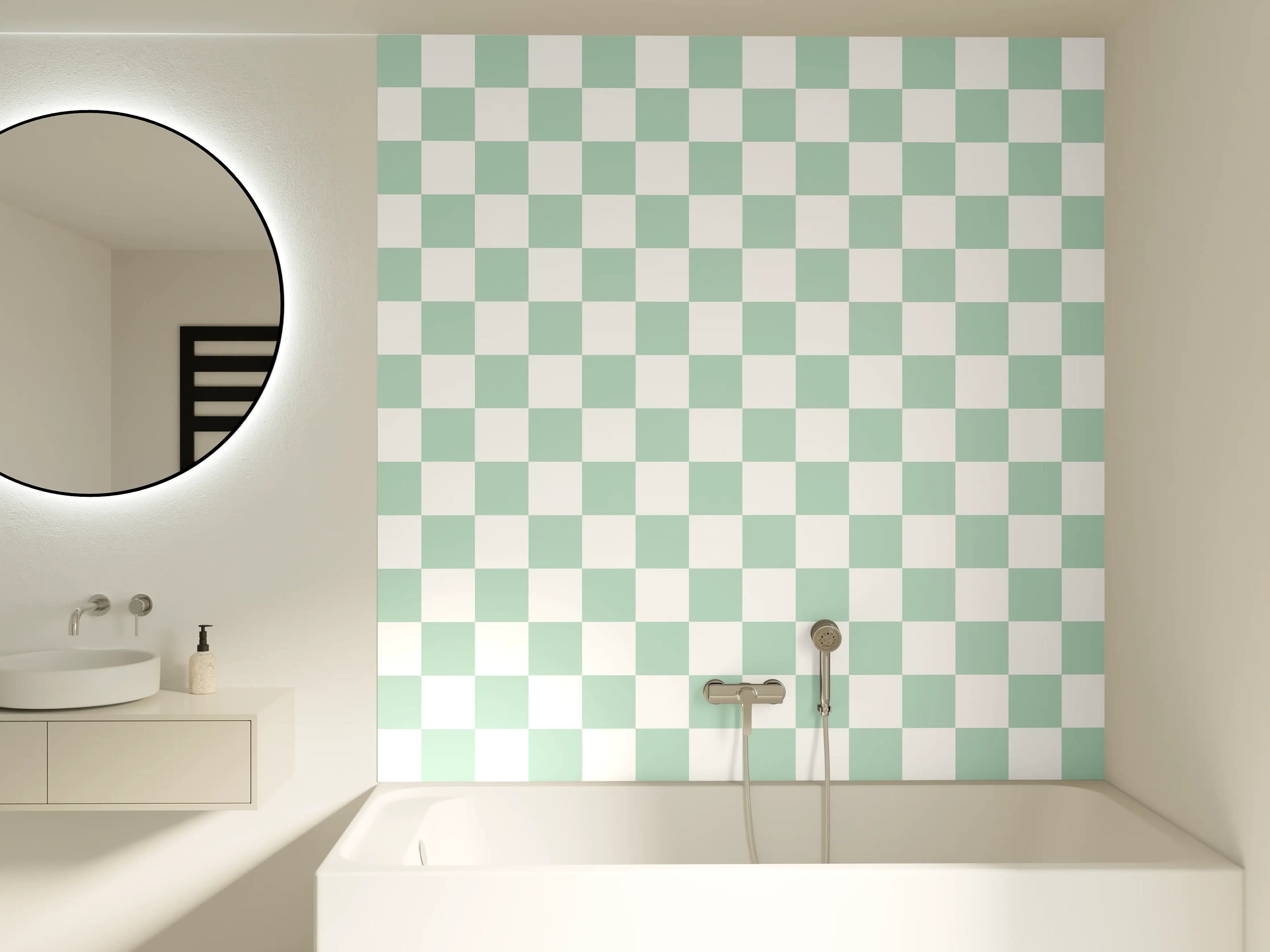 Badewannen-Rückwand - Helles, Checkered Design in Hellblau und Weiß