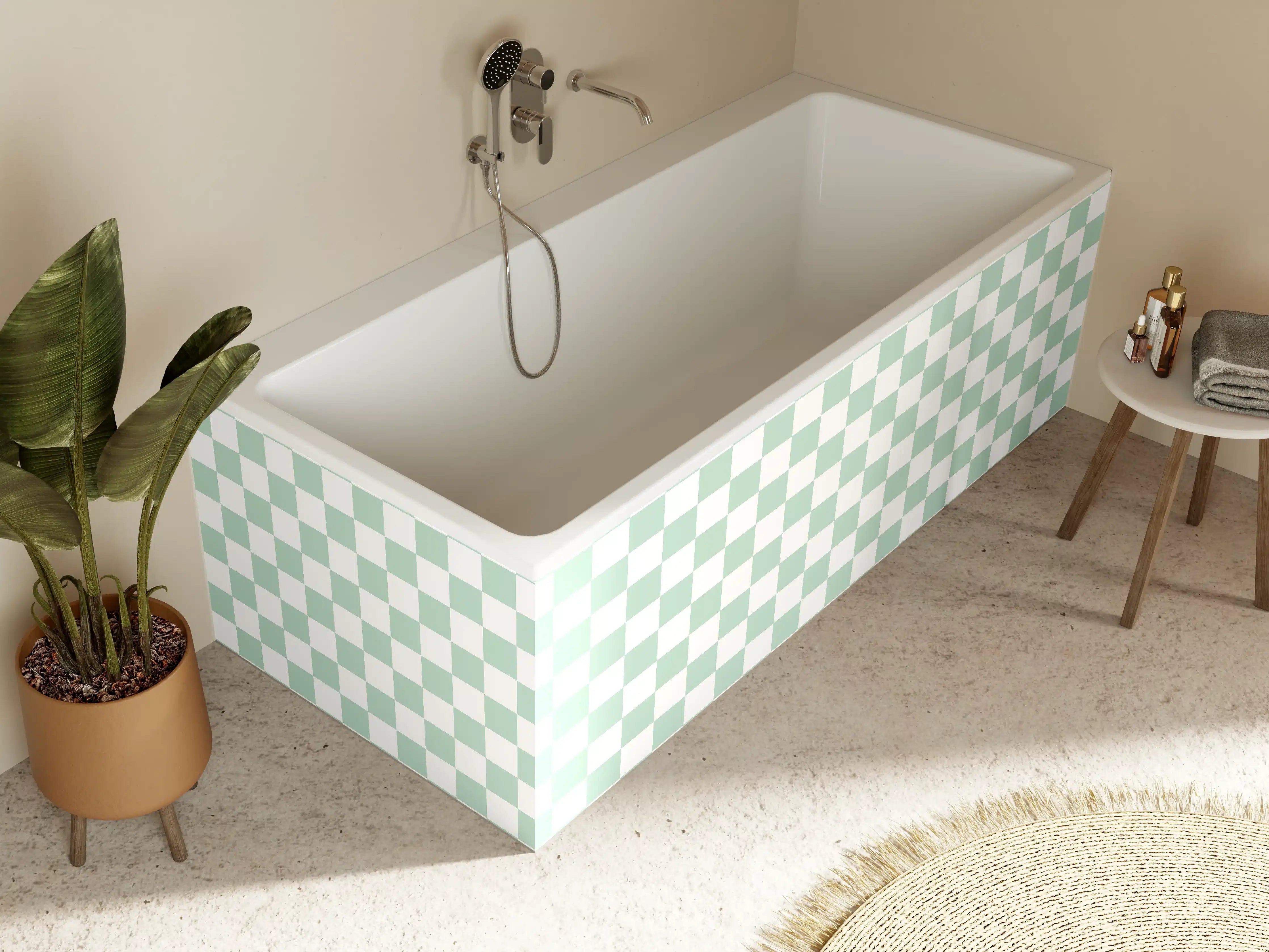 Badewannen-Rückwand - Helles, Checkered Design in Hellblau und Weiß