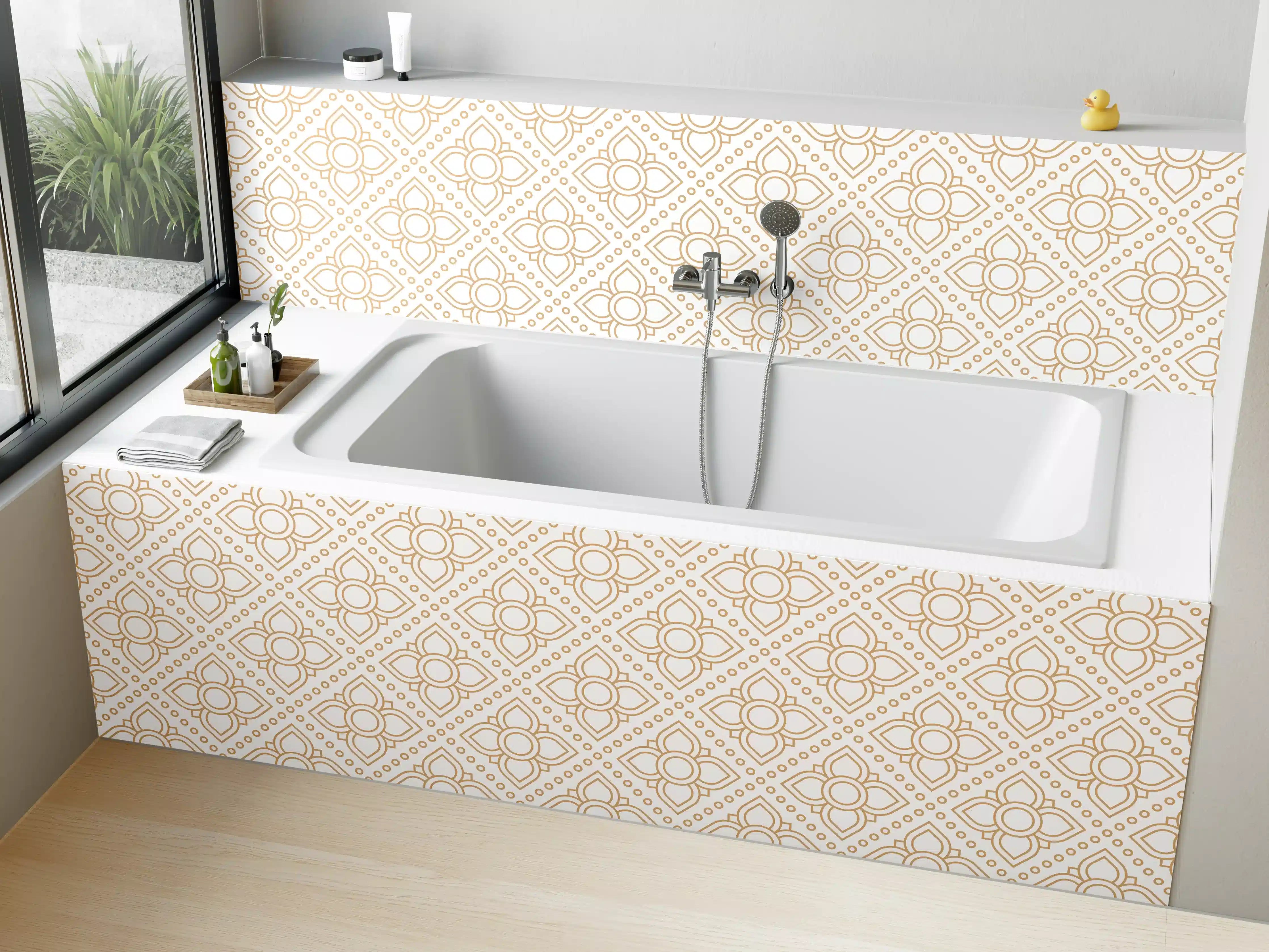 Badewannen-Rückwand - Helles, geometrisches Muster in Beige und Weiß