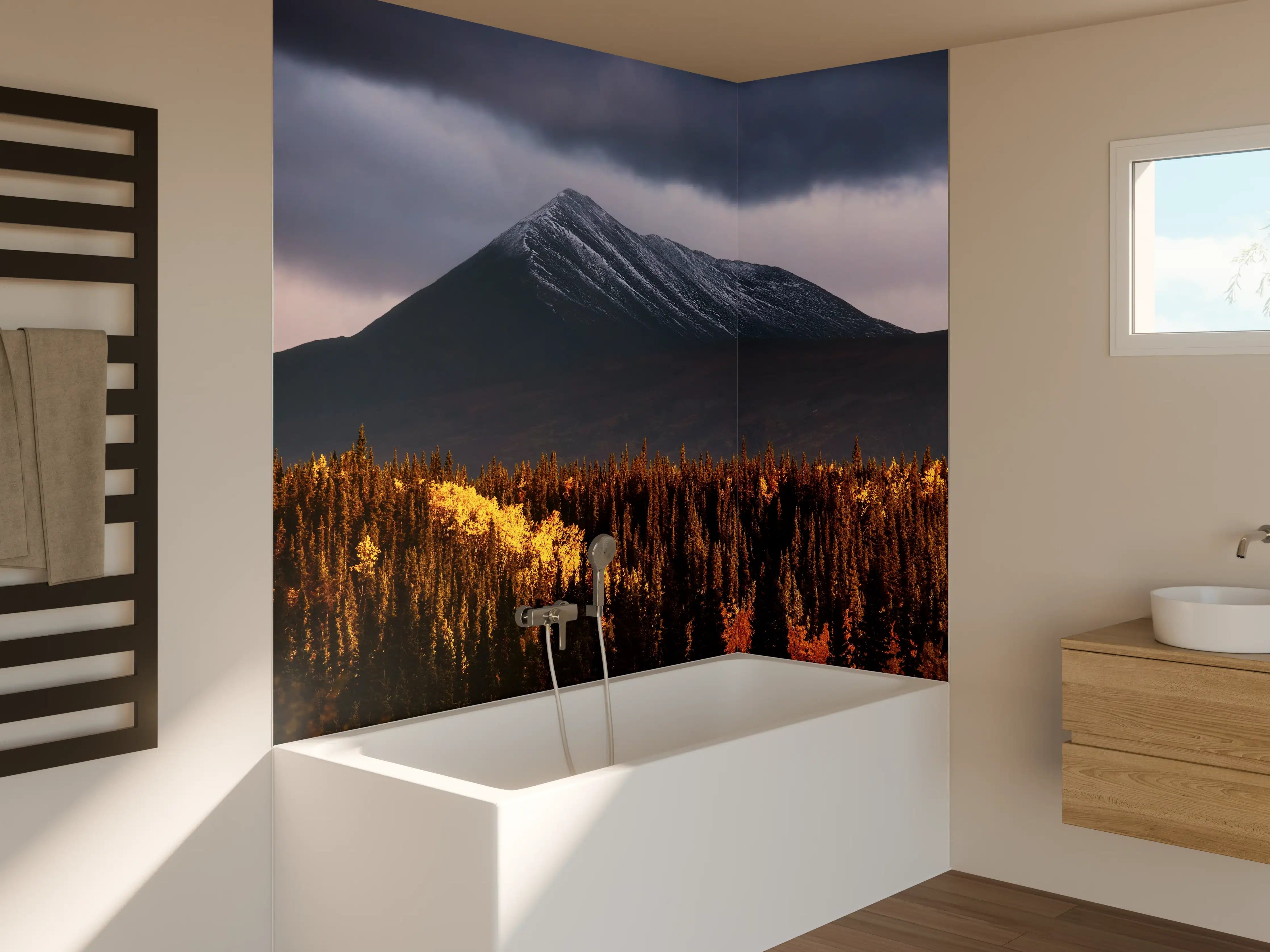Badewannen-Rückwand - Herbst Berge Wald Lichtspiel