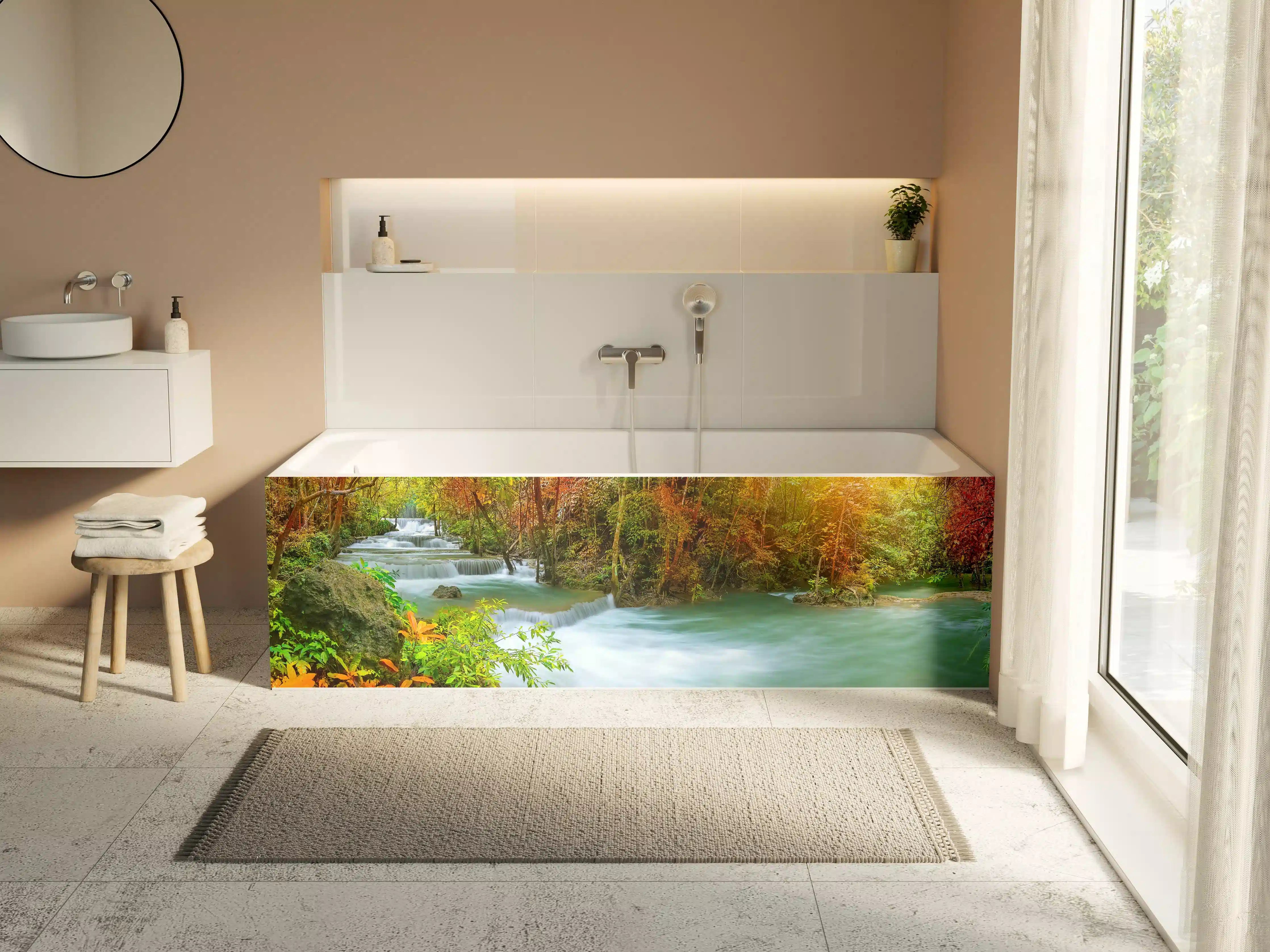 Badewannen-Rückwand - Herbstlicher Türkis-Wasserfall