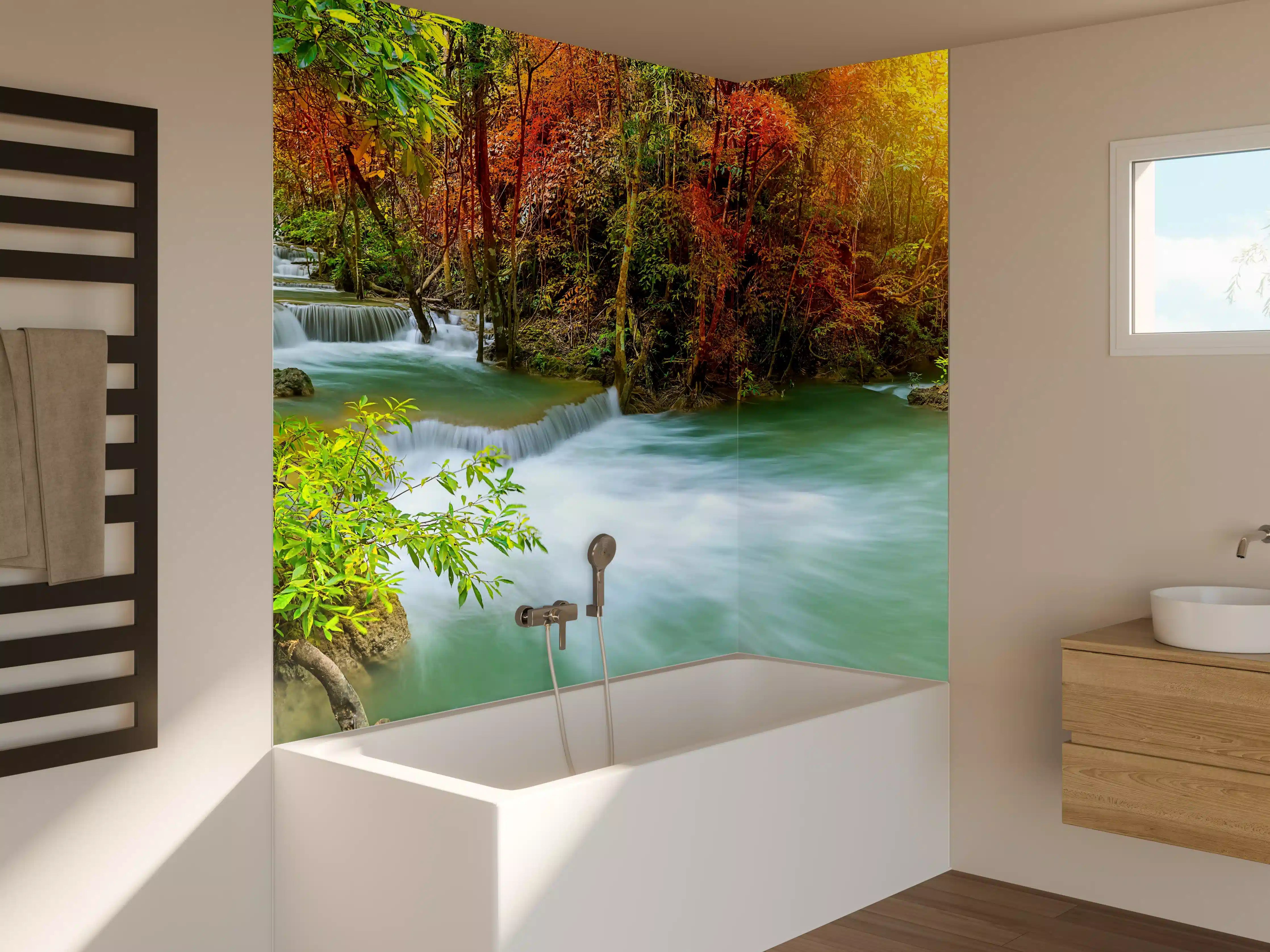 Badewannen-Rückwand - Herbstlicher Türkis-Wasserfall