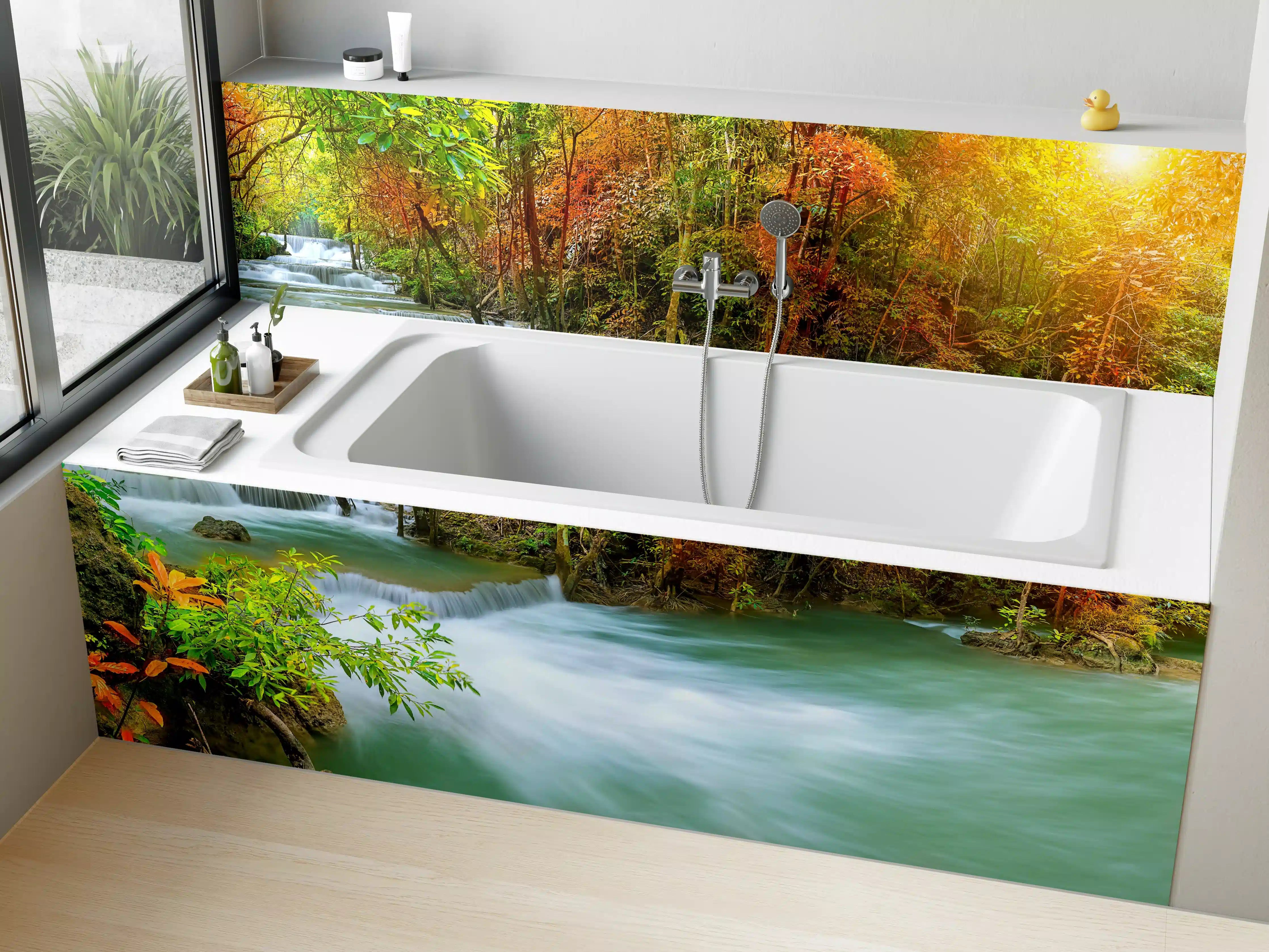 Badewannen-Rückwand - Herbstlicher Türkis-Wasserfall