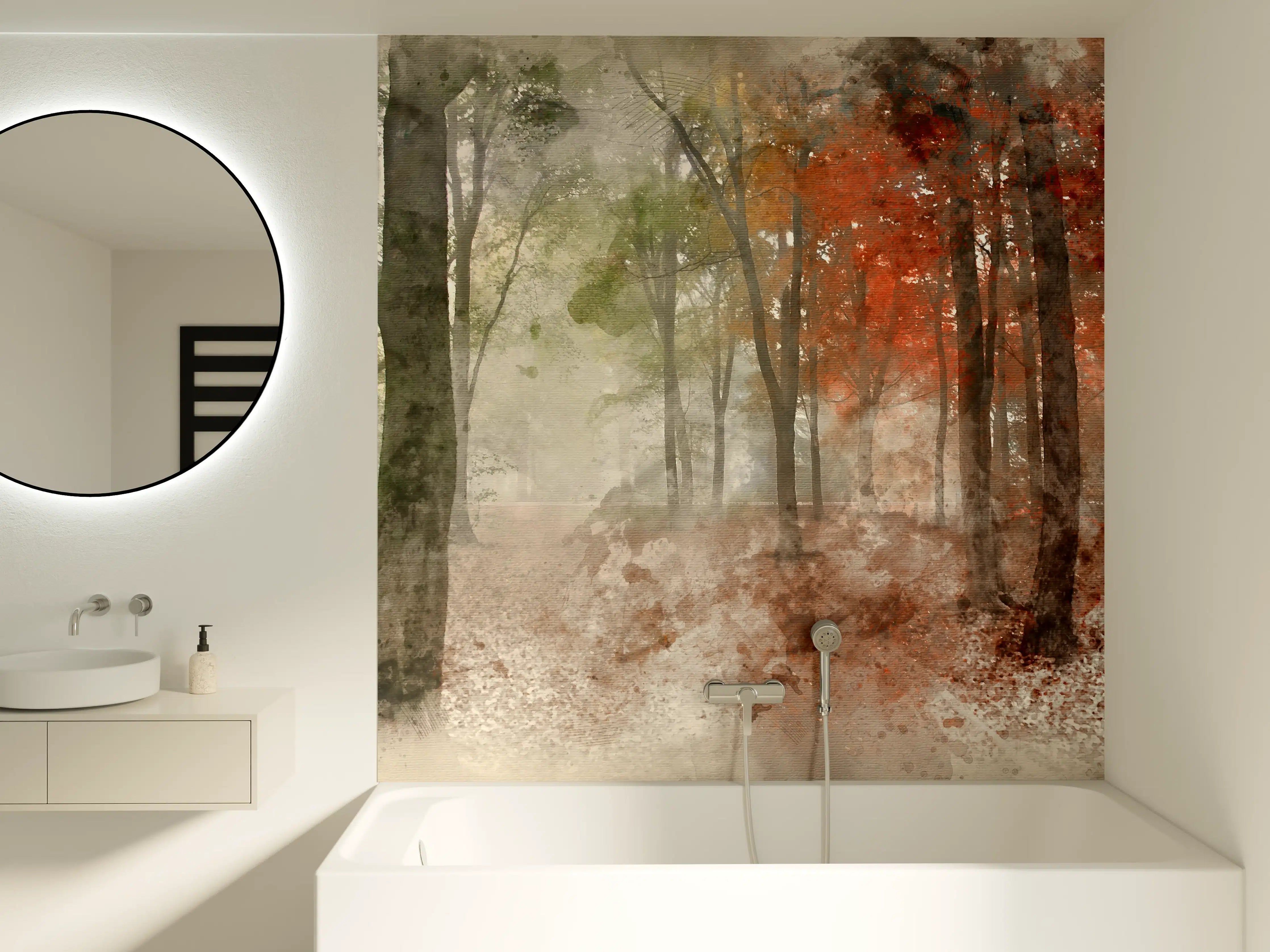 Badewannen-Rückwand - Herbstlicher Wald in Grau und Gold