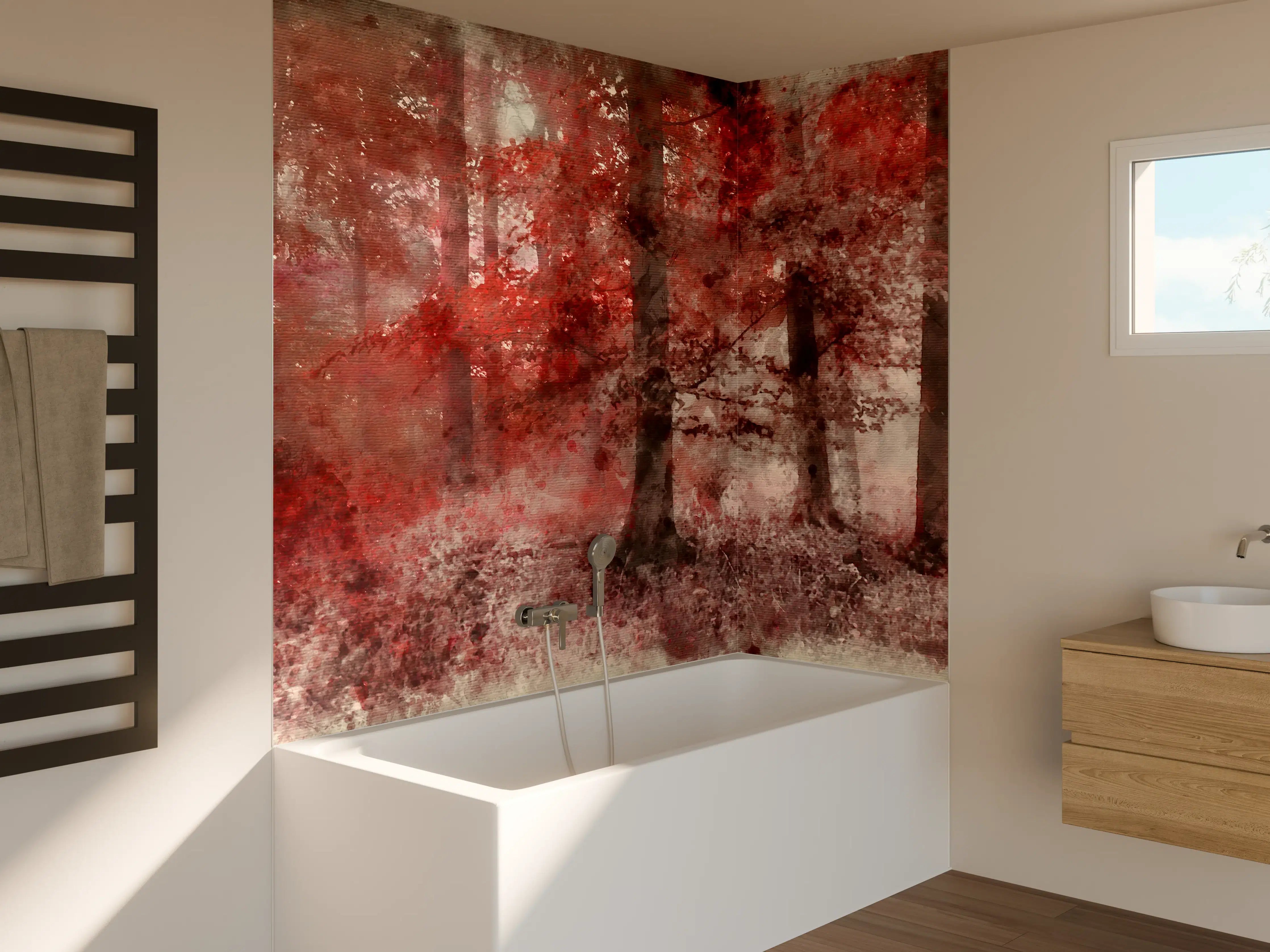 Badewannen-Rückwand - Herbstlicher Wald in Rottönen