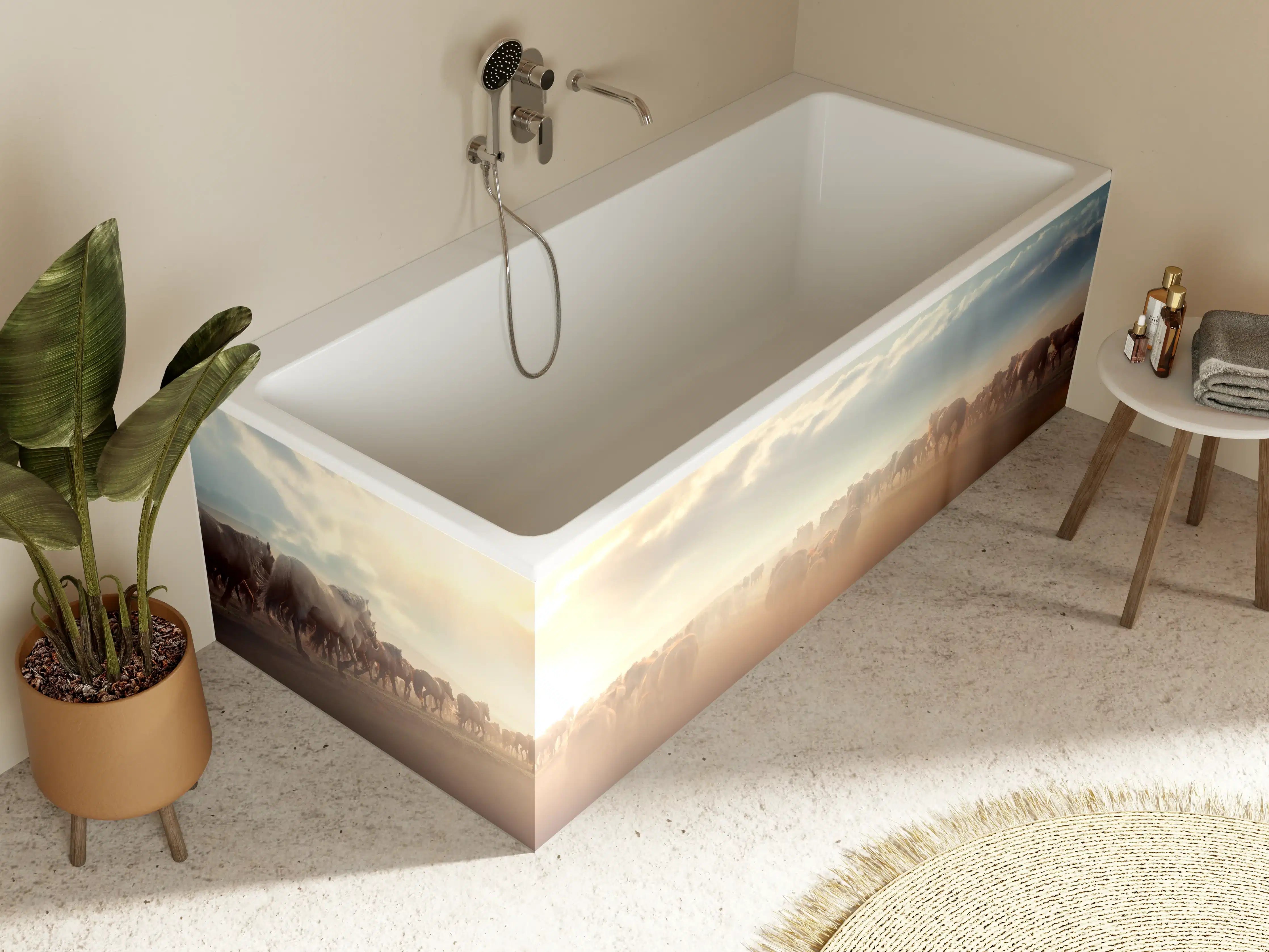 Badewannen-Rückwand - Herde Wildpferde im Sonnenuntergang