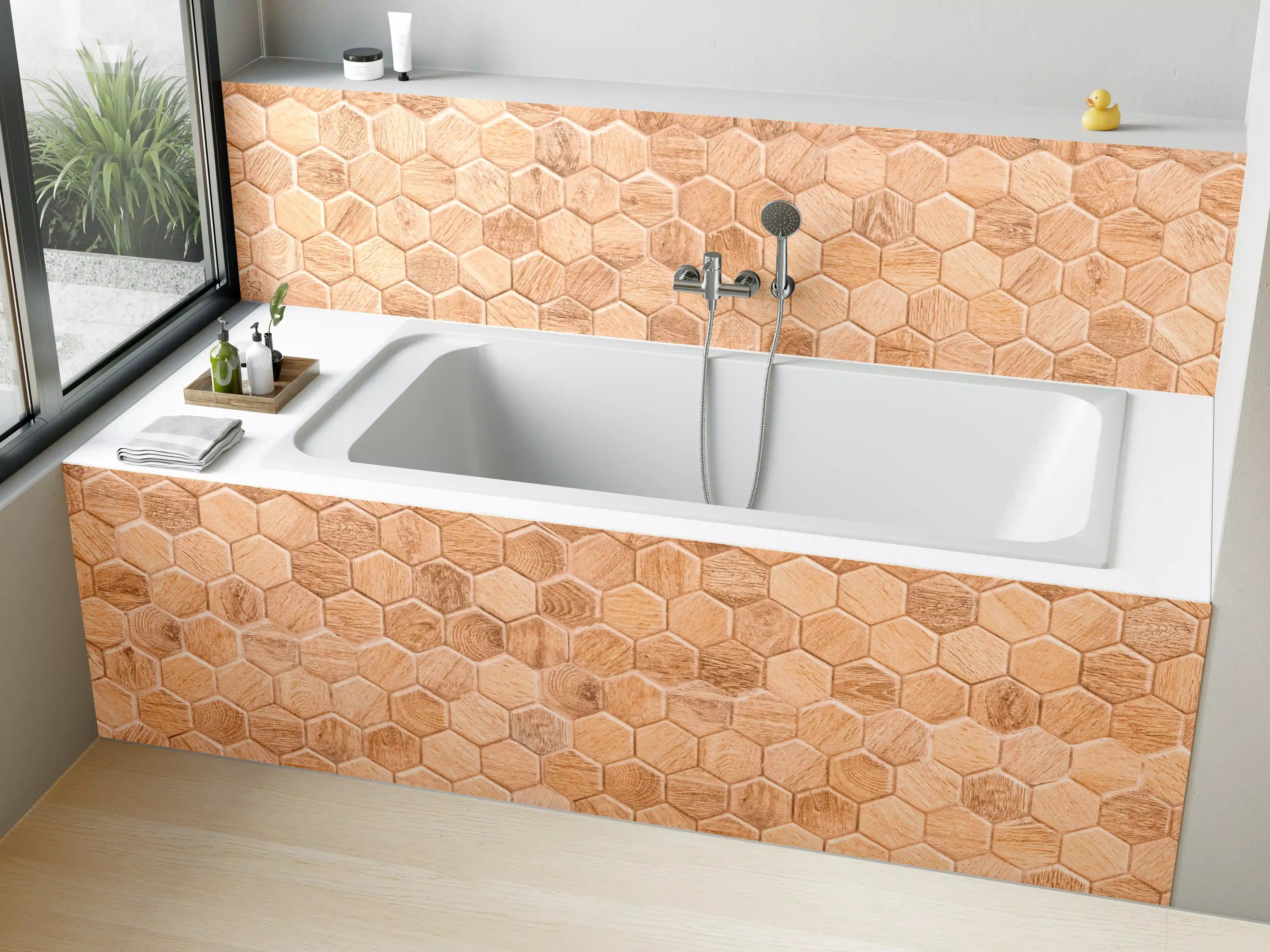 Badewannen-Rückwand - Hexagon Holz Wabenmuster