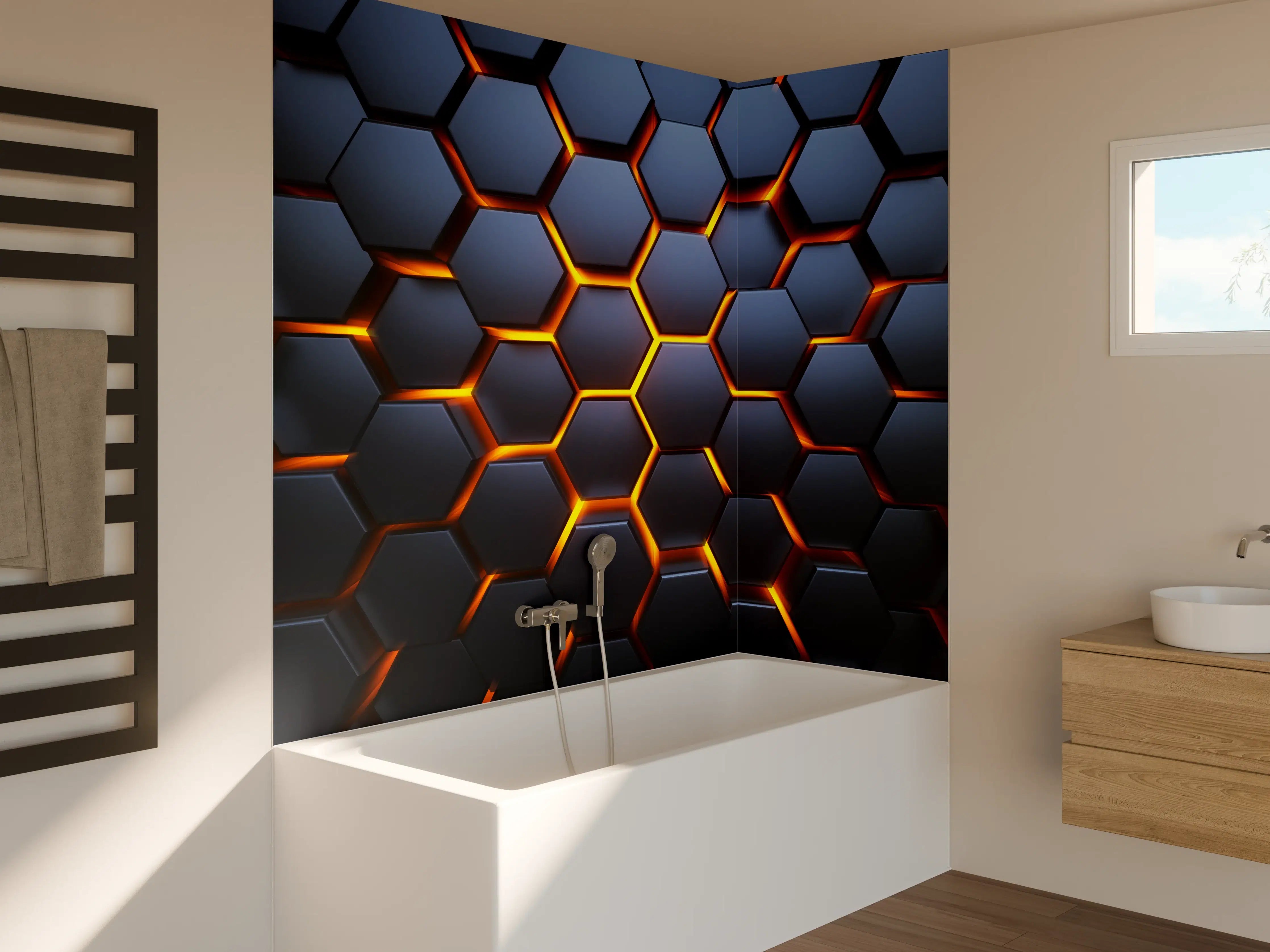 Badewannen-Rückwand - Hexagon-Muster in Blau-Orange