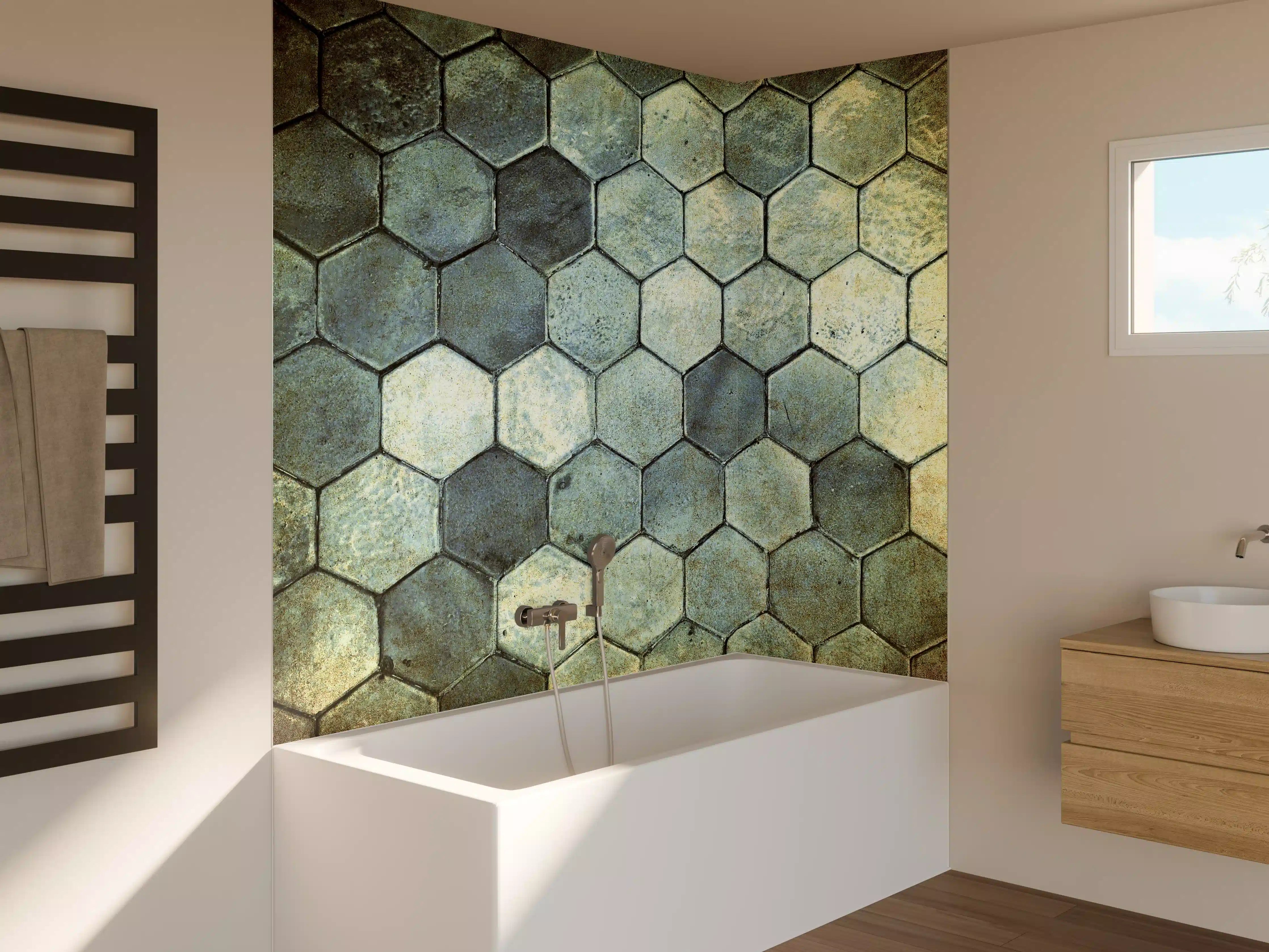 Badewannen-Rückwand - Hexagonale Fliesen in Vintage-Optik