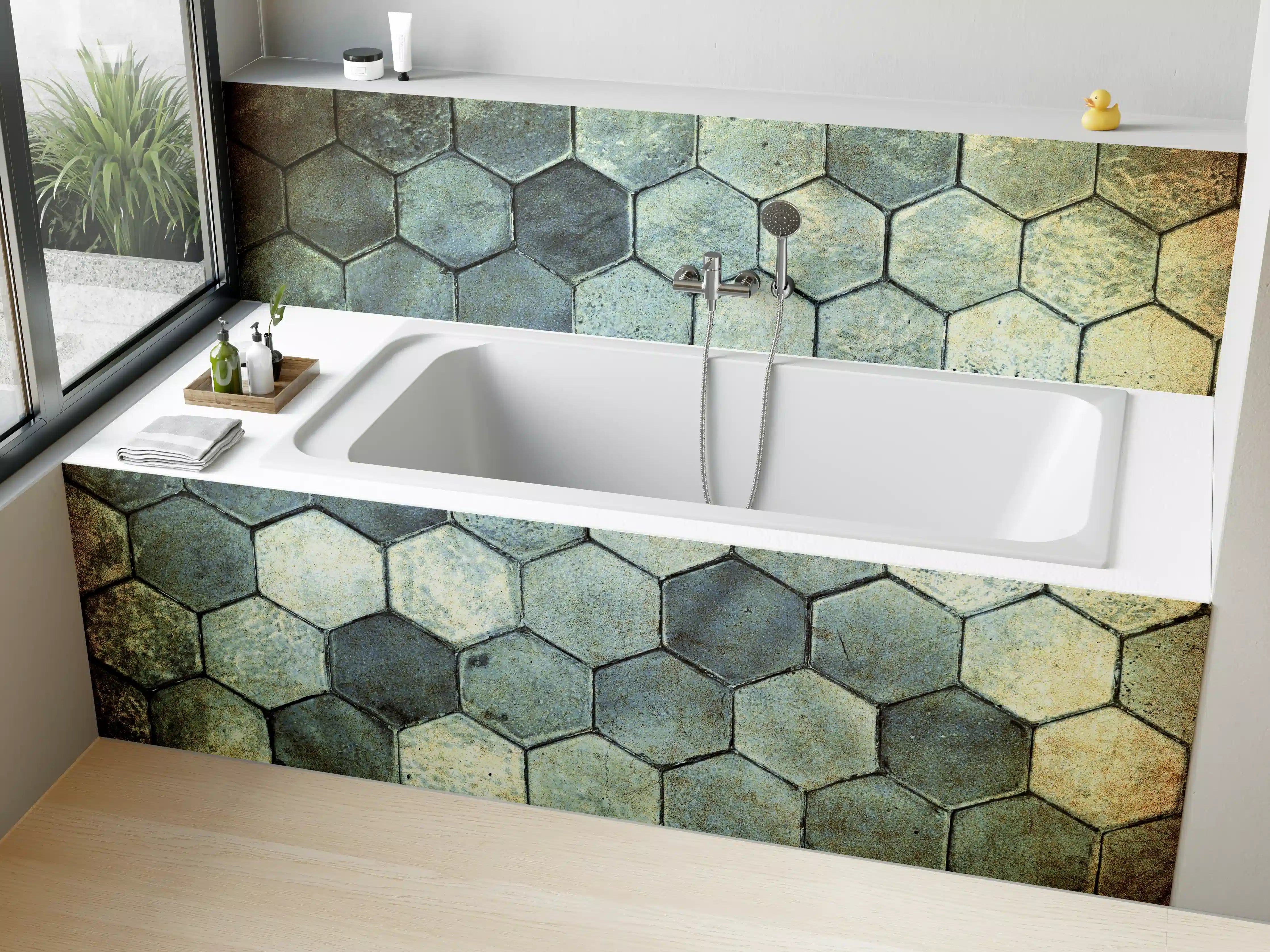 Badewannen-Rückwand - Hexagonale Fliesen in Vintage-Optik