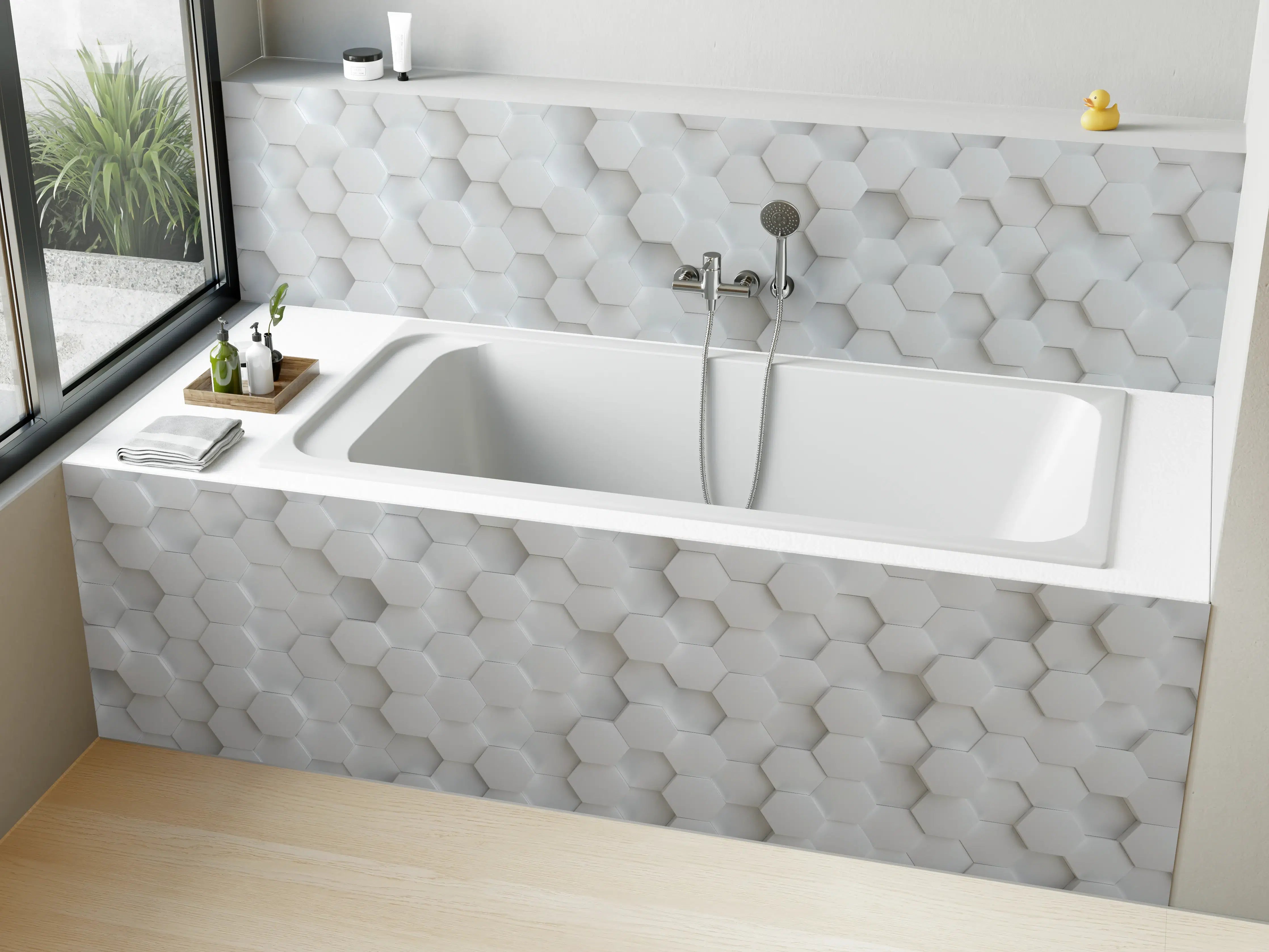 Badewannen-Rückwand - Hexagonale Hellgrau-Weiß Textur